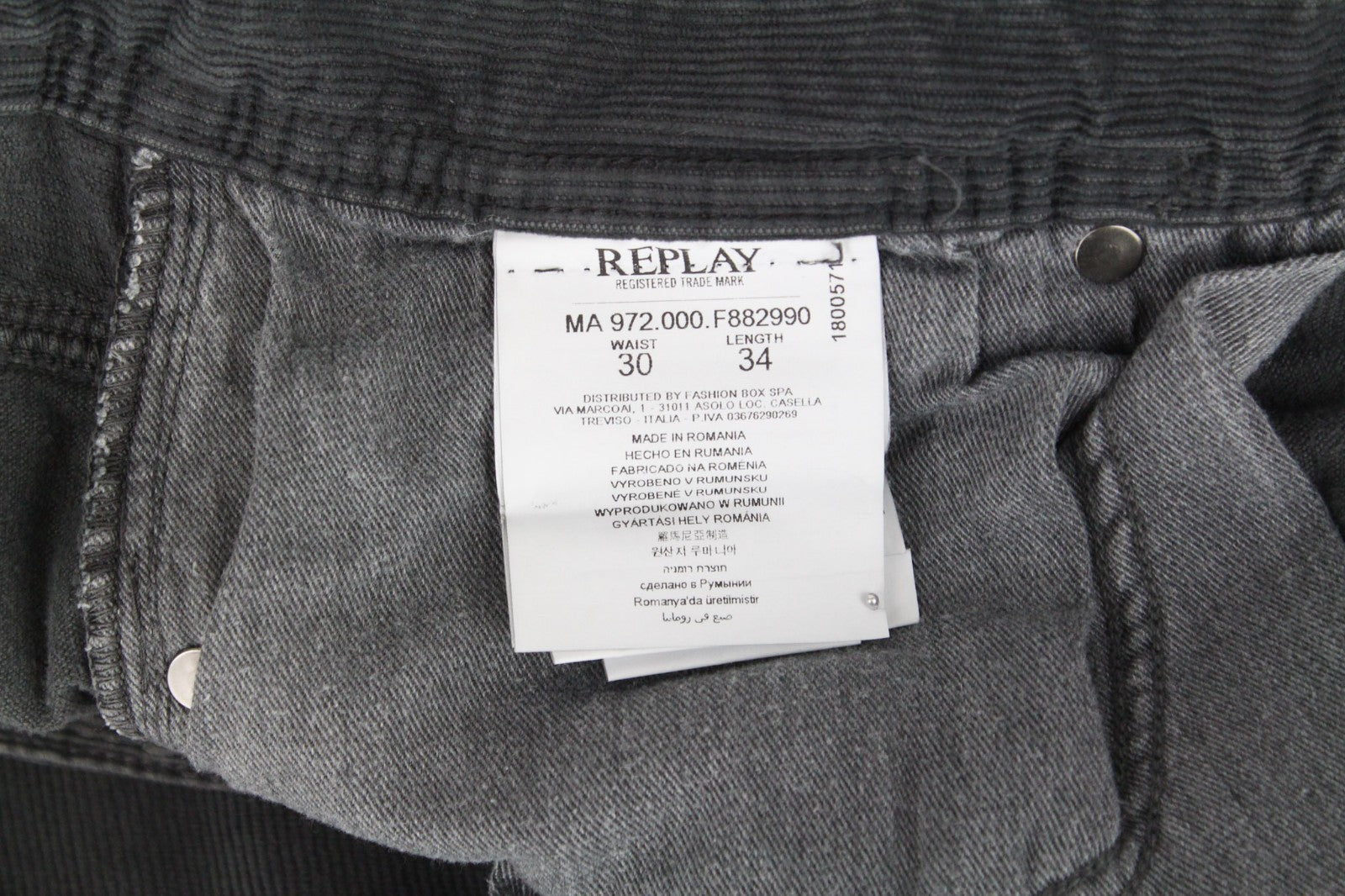 REPLAY Grover Men Trousers W30/L34 Dyed Grey Velvet Straight Corduroy Stretch