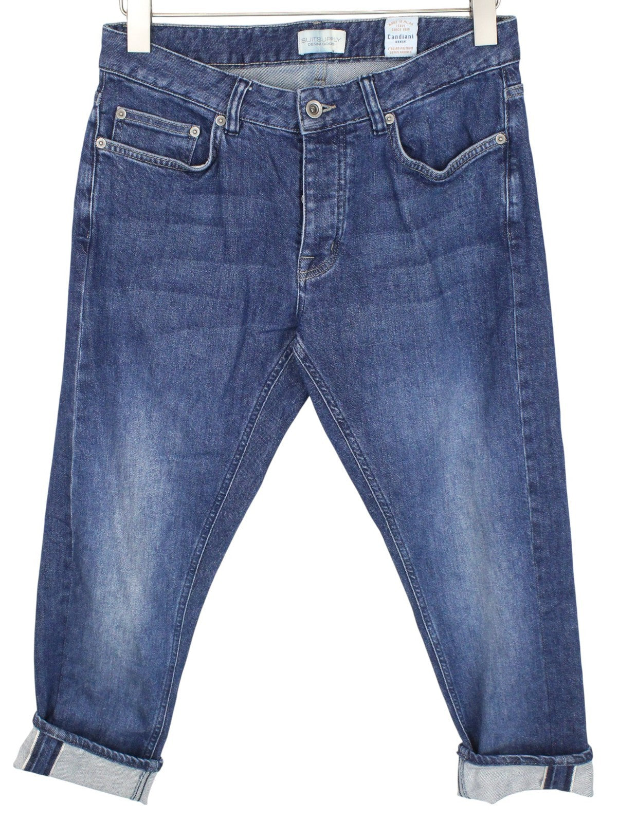 SUITSUPPLY Alain Men Jeans W30/L32 Mid-Blue Slim Fit Selvedge Buttoned Stretch