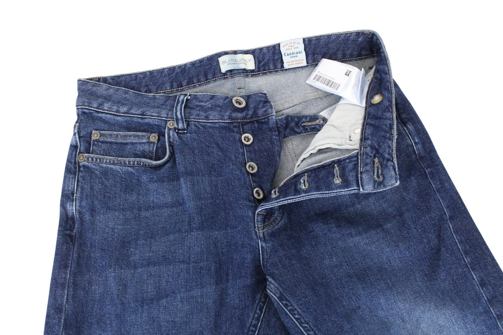 SUITSUPPLY Alain Men Jeans W30/L32 Mid-Blue Slim Fit Selvedge Buttoned Stretch