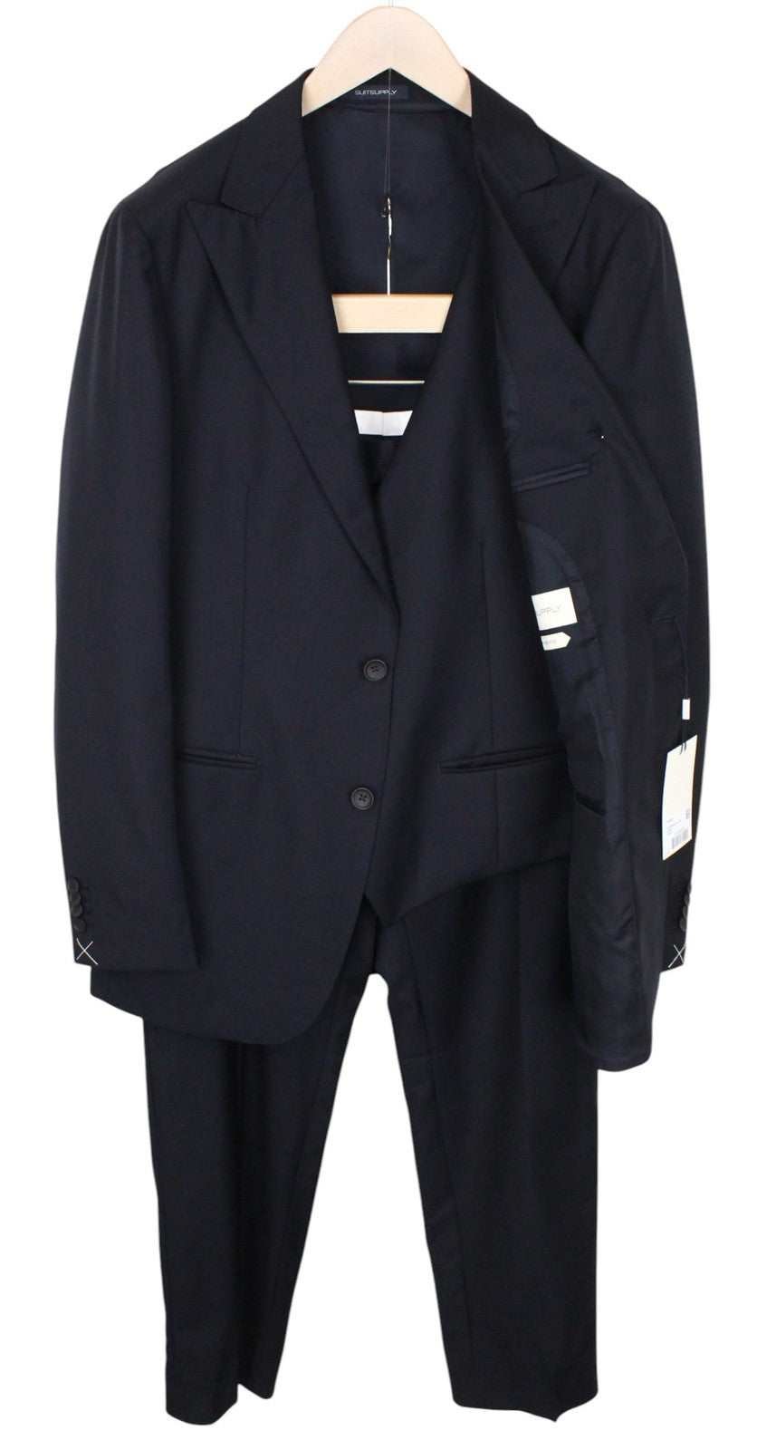 SUITSUPPLY Havana Peak Jetted Men Suit UK42L Blue Wool Super 110 Slim 3 Piece