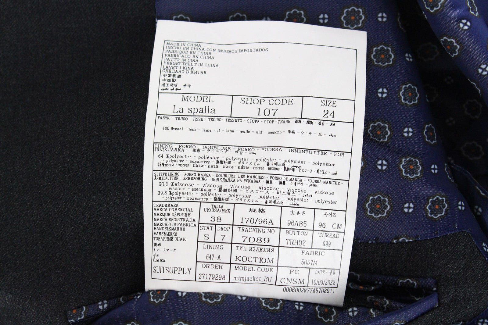 SUITSUPPLY La Spalla Men Suit UK38S Dark Grey Pure Wool Classic Lined 2 Piece