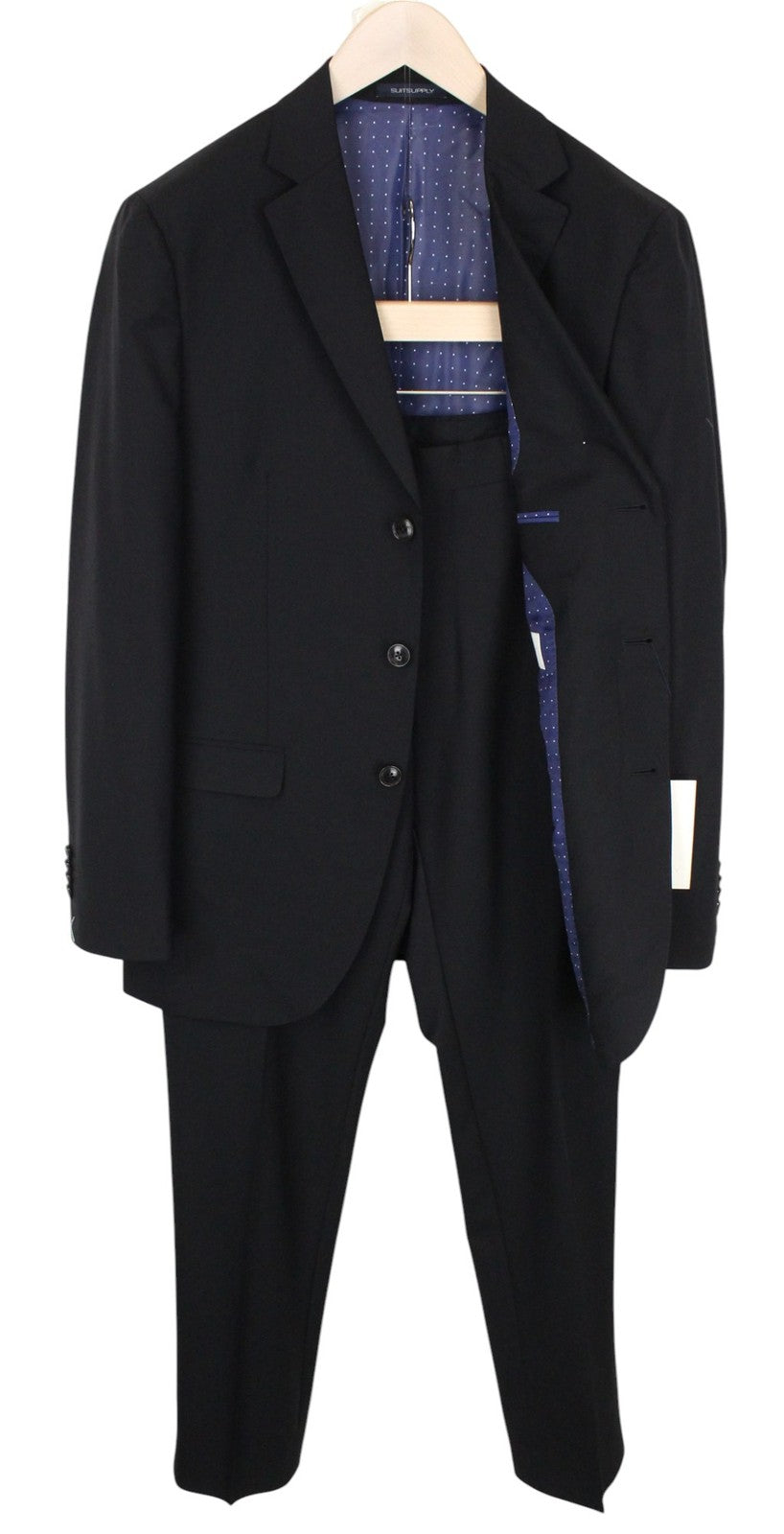 SUITSUPPLY La Spalla Men Suit UK38R Single-Breasted Lined Wool Black 2 Piece
