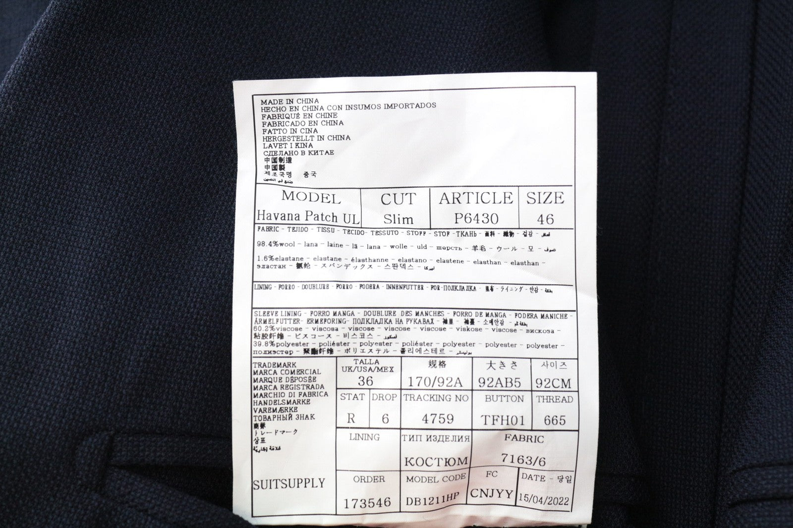 SUITSUPPLY Havana Patch Men Suit UK36R Slim Unlined Wool Stretch Blue 2 Piece
