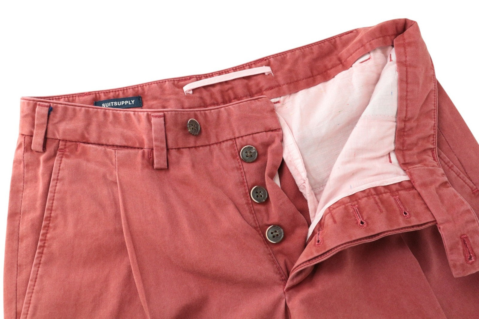 SUITSUPPLY Men Trousers UK32R Red Cotton Blend Pleated Front Button-Fly Chino