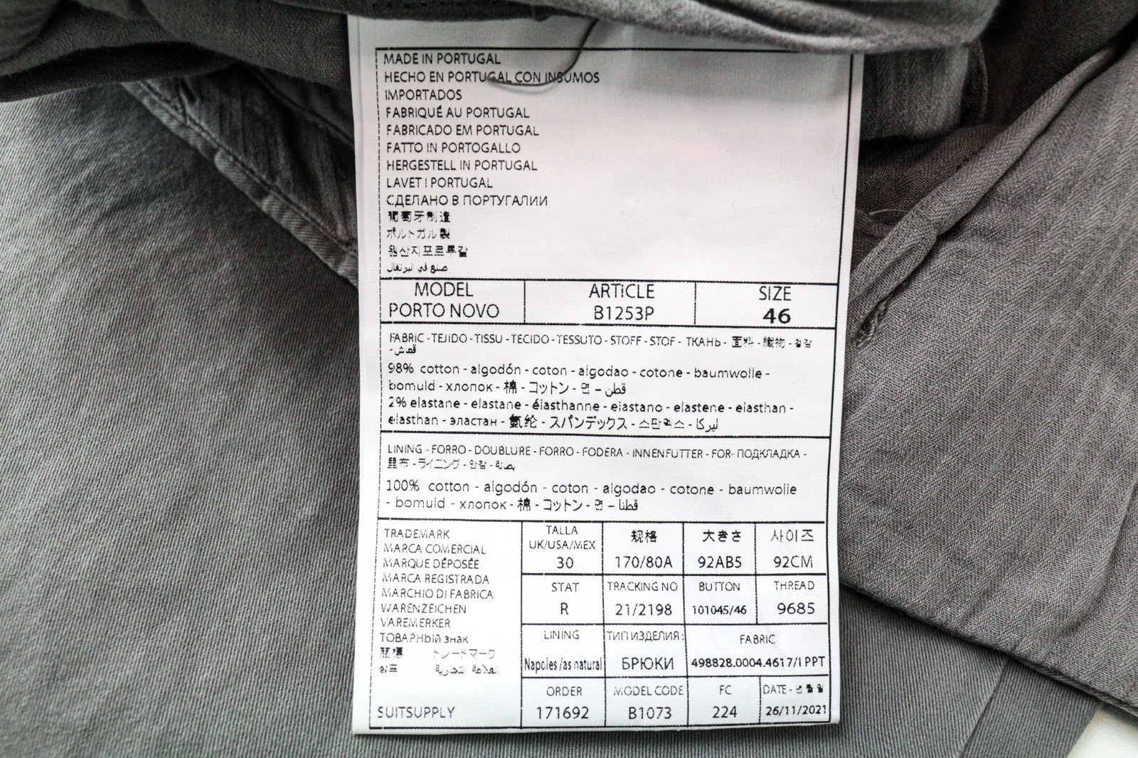 SUITSUPPLY Porto Novo Men Trousers UK30R Cotton Stretch Grey Pleated Front Chino