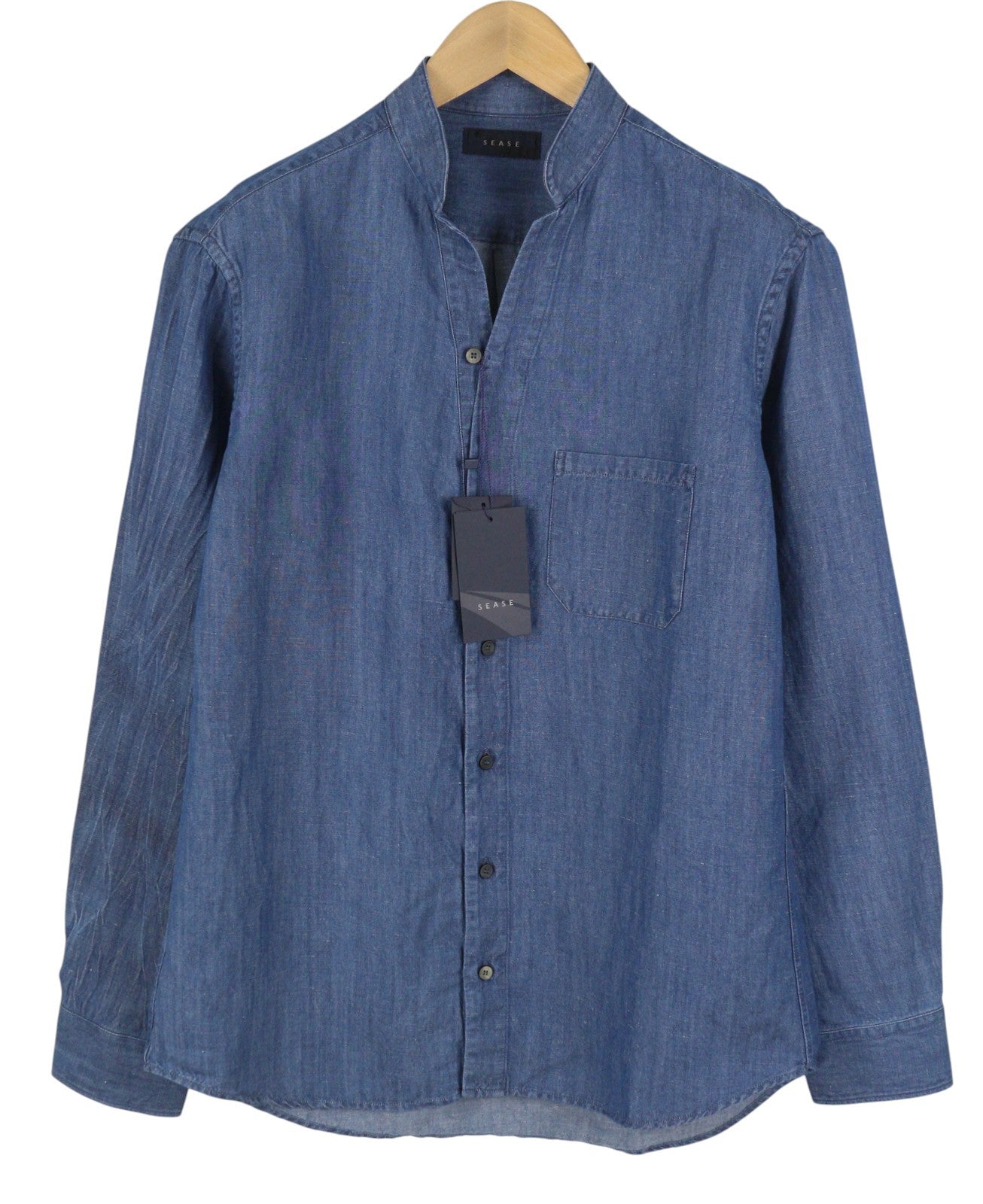 SEASE TN690 Fish Tail Men Shirt XL Mid Denim Blue Button-Up Linen Blend RRP510