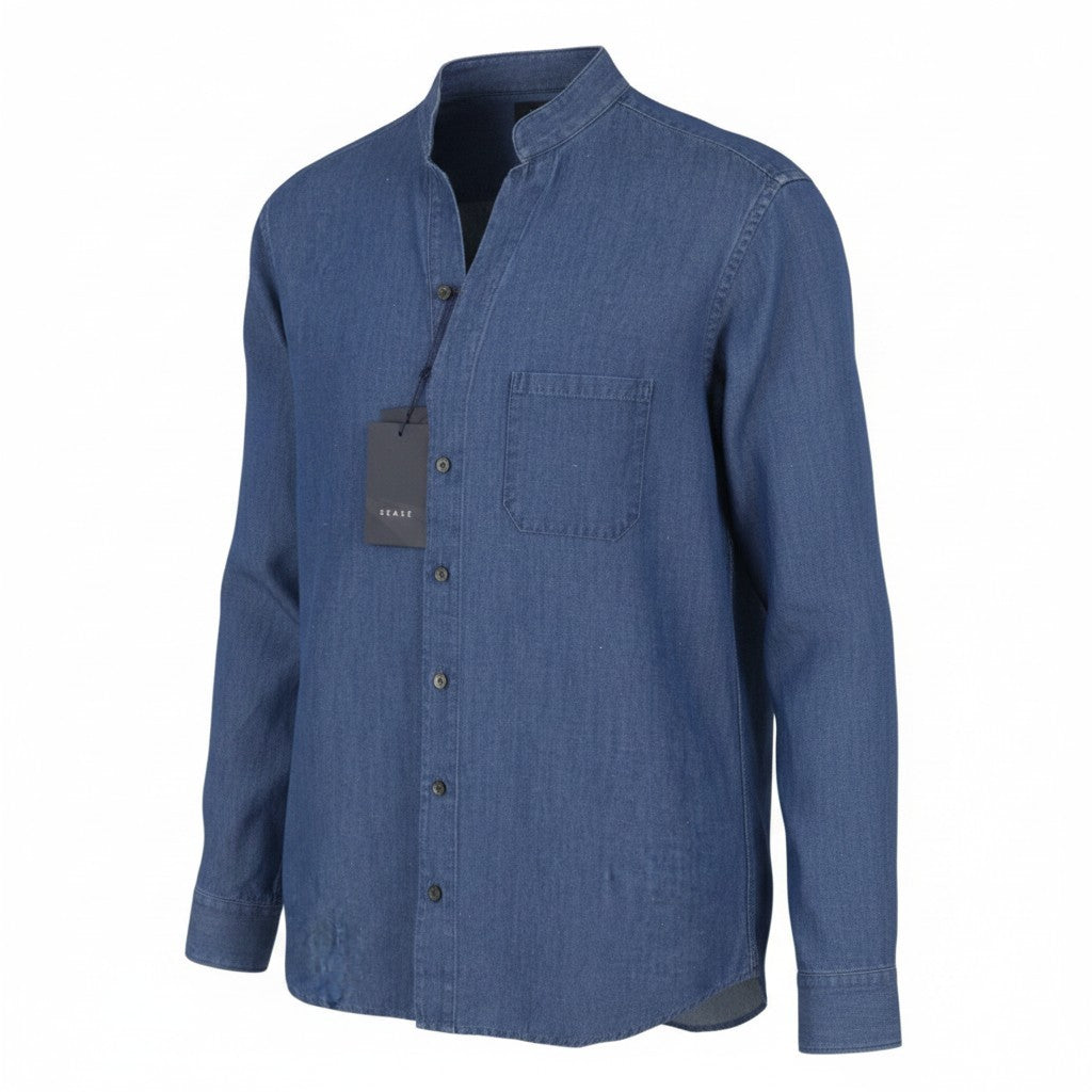 SEASE TN690 Fish Tail Men Shirt M Mid Denim Blue Button-Up Linen Blend RRP510