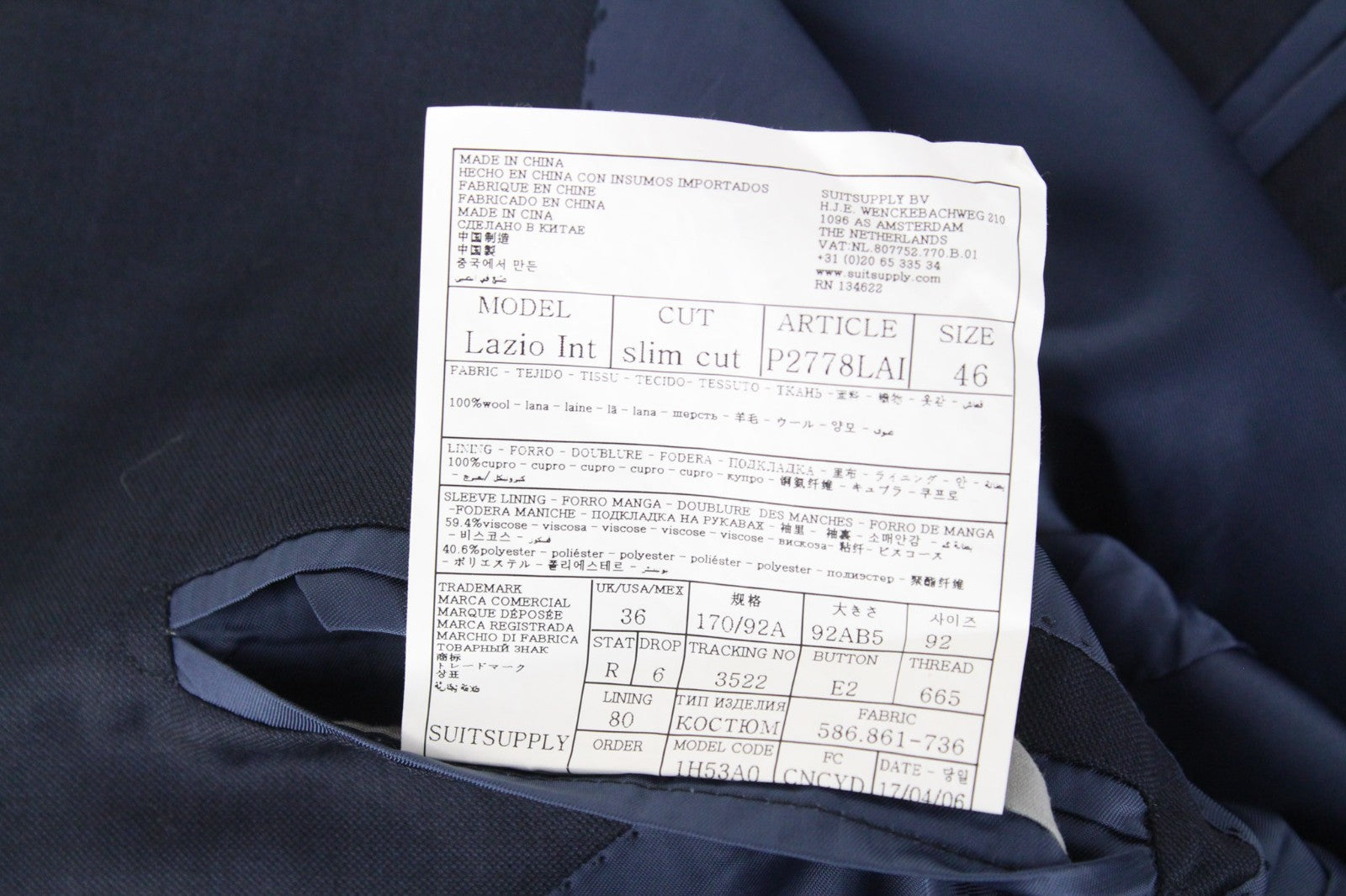 SUITSUPPLY Lazio Men Suit UK36R Slim Pure Wool Super 110's Navy Blue 2 Piece