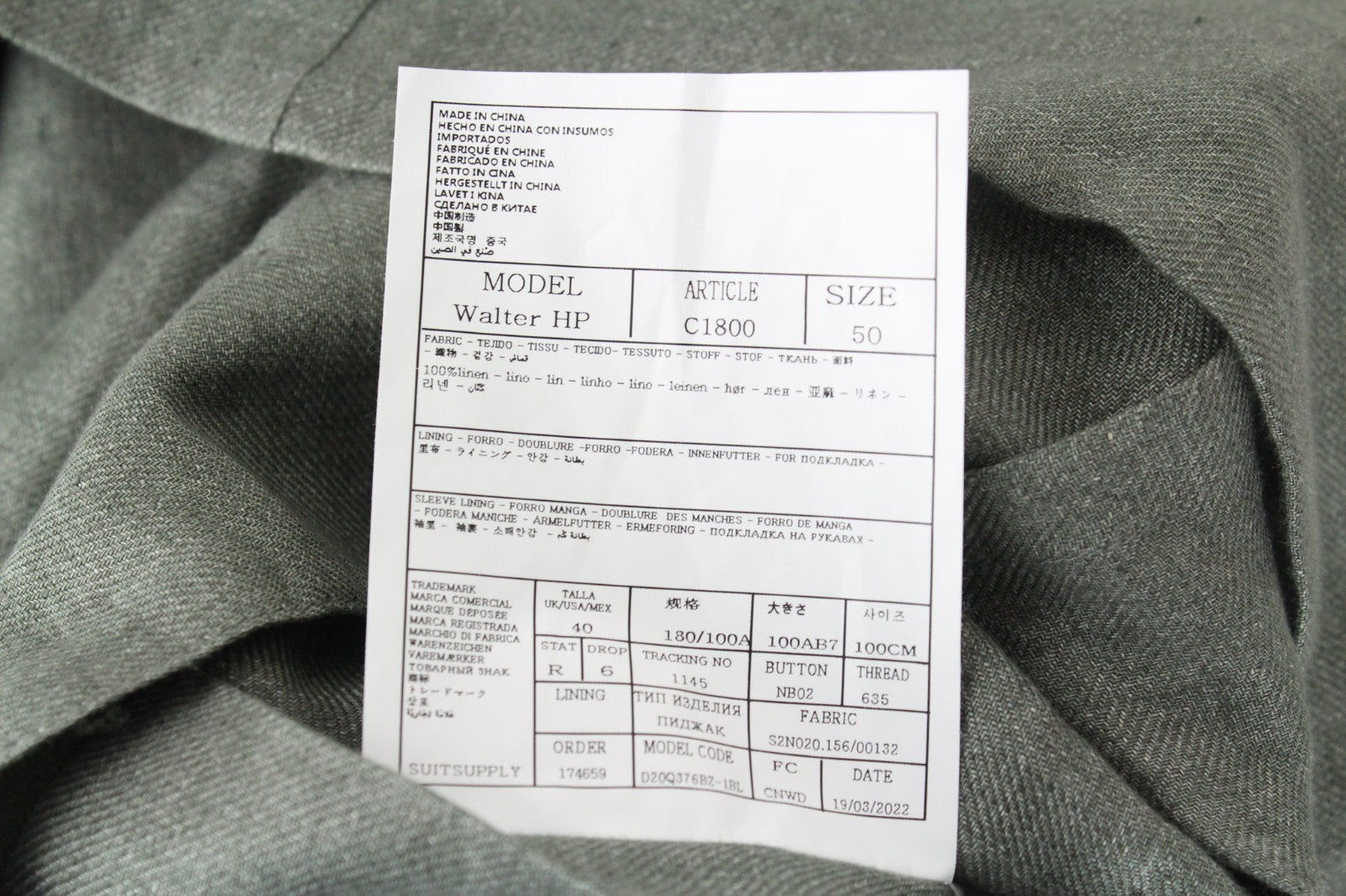 SUITSUPPLY Walter Men Suit UK40R Single-Breasted Casual Pure Linen Green 2 Piece