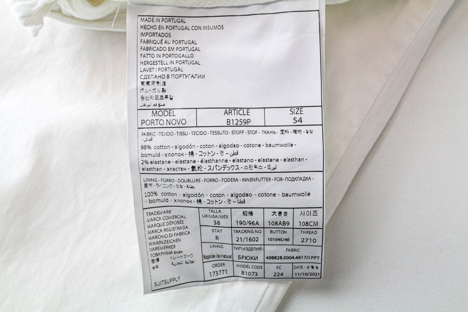 SUITSUPPLY Porto Novo Men Trousers UK38R White Slim Flat-Front Chino Stretch