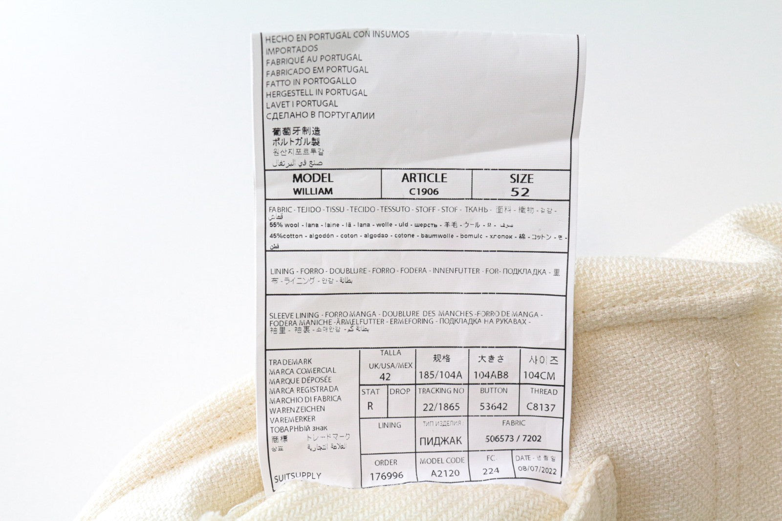 SUITSUPPLY William Men Jacket UK42R Lightweight Beige Wool Cotton Unlined