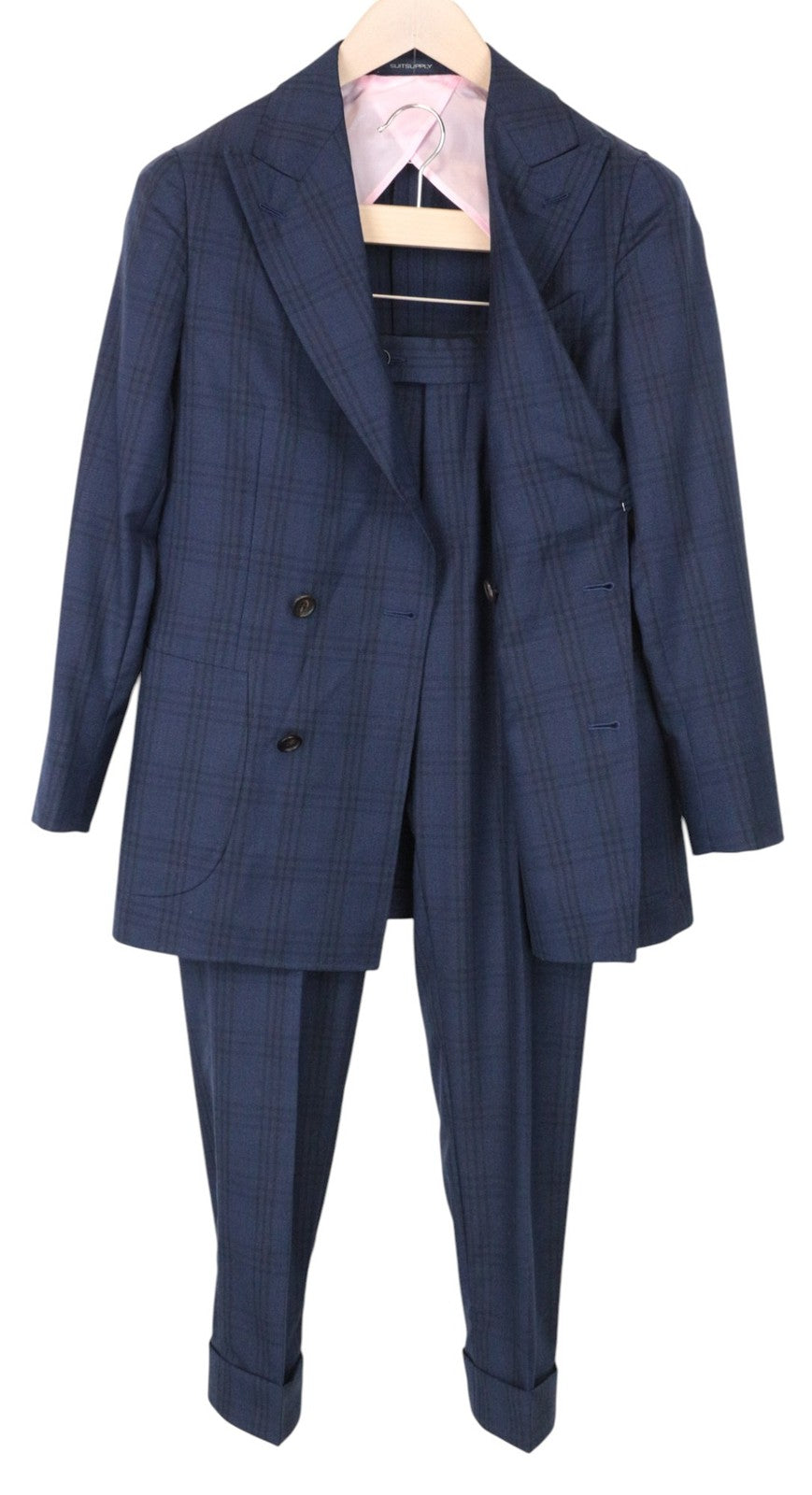 SUITSUPPLY La Spalla Men Suit UK30R Blue 2-Piece Slim Check Two-Row S130 Wool