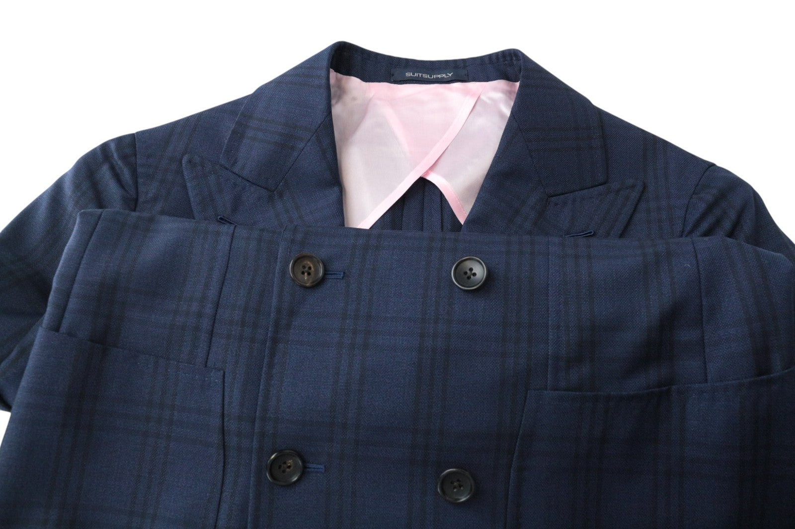 SUITSUPPLY La Spalla Men Suit UK30R Blue 2-Piece Slim Check Two-Row S130 Wool