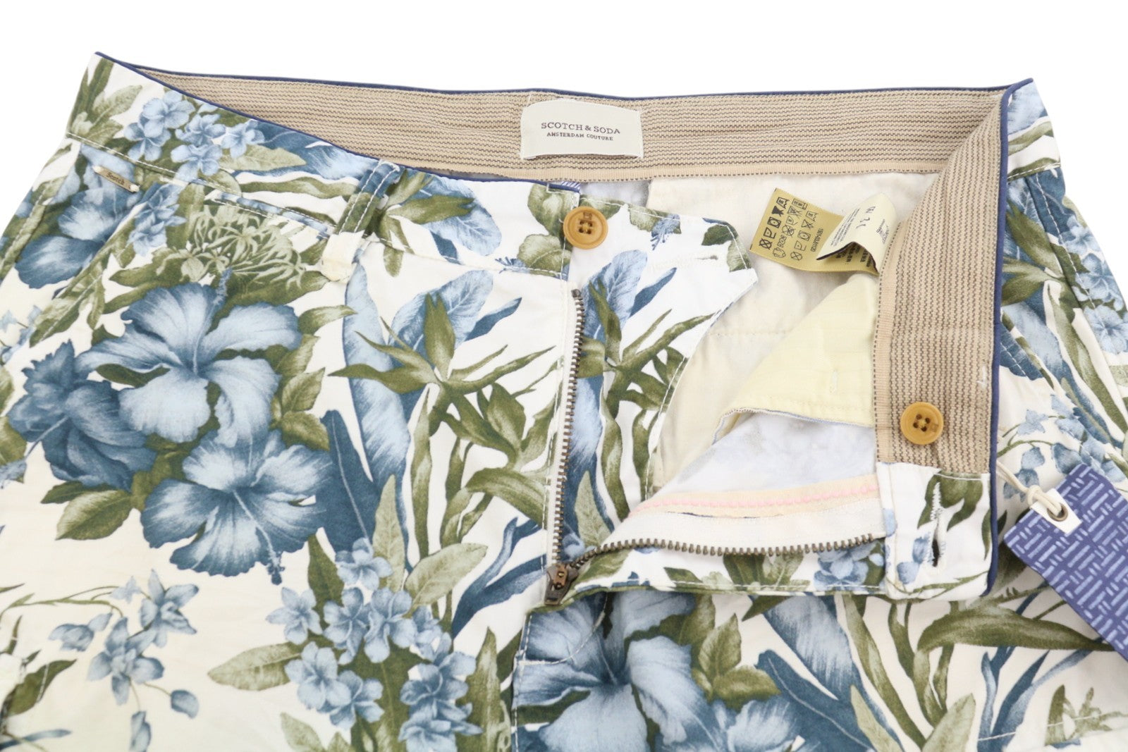 SCOTCH & SODA Men Shorts W31 Blue Floral Print Zip Fly 5-Pocket Cargo