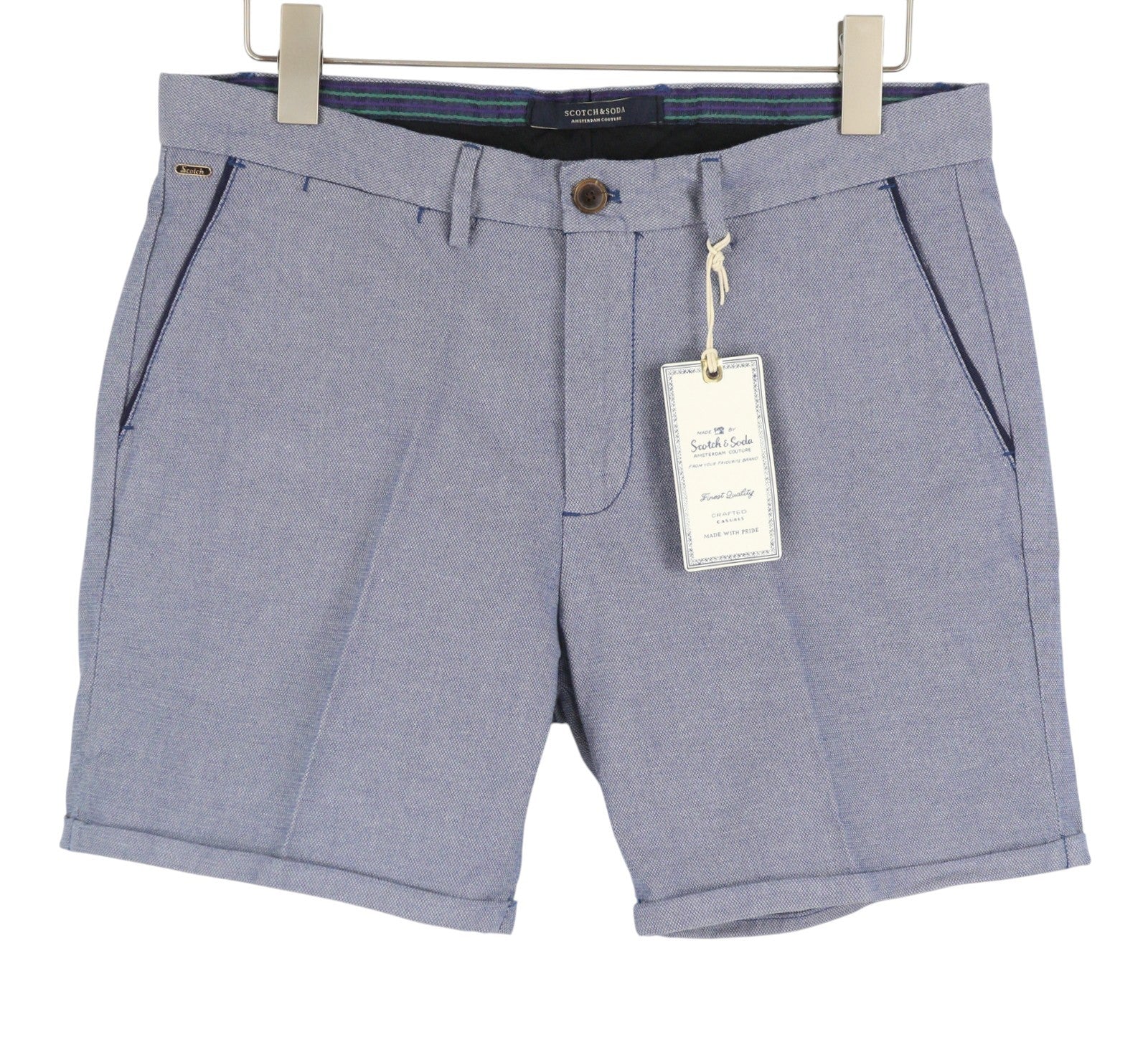 SCOTCH & SODA Men Shorts W32 Blue Patterned Zip Fly Turn Up Chino