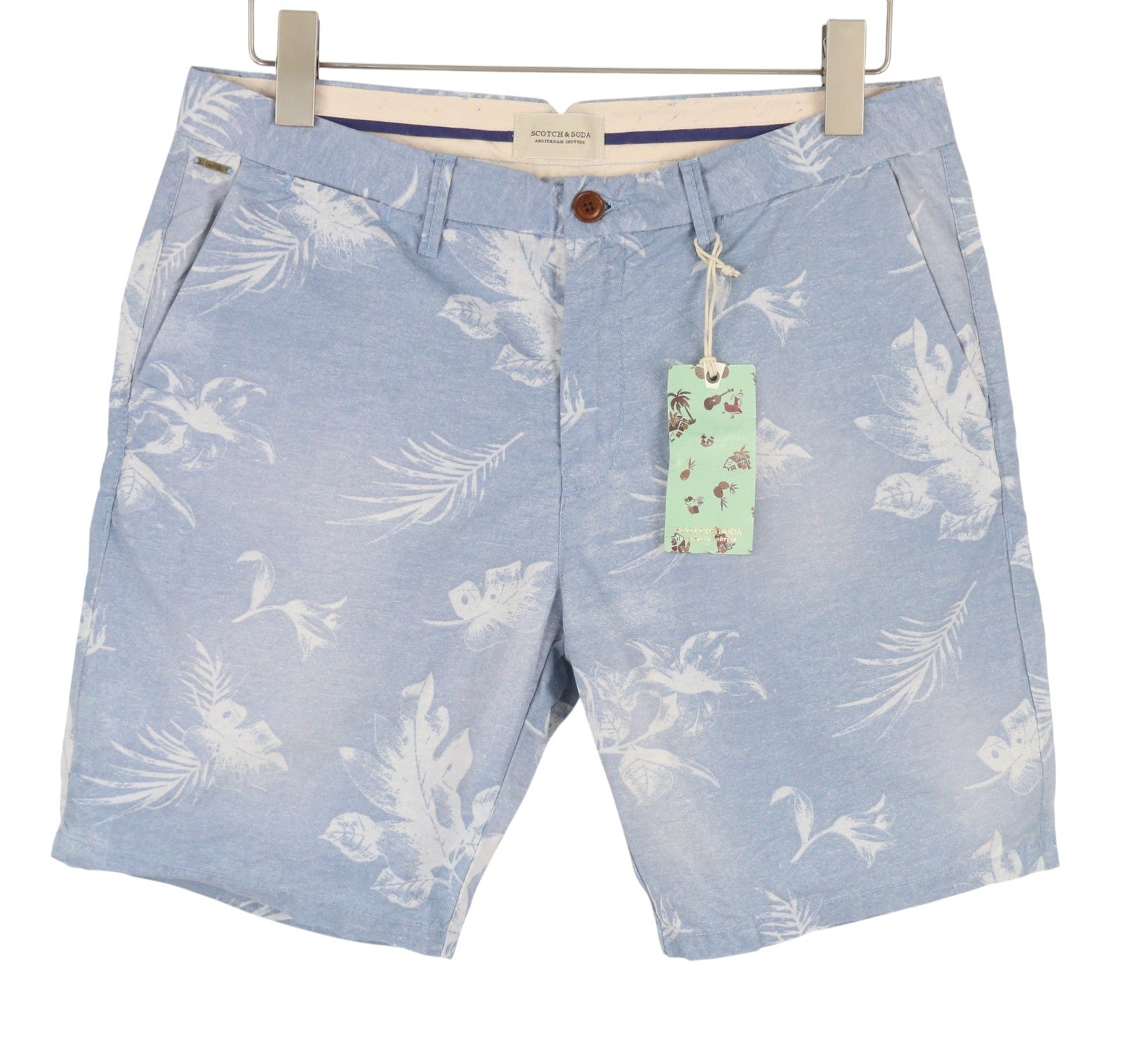 SCOTCH & SODA Men Shorts W31 Blue Floral Print Faded Zipper Chino