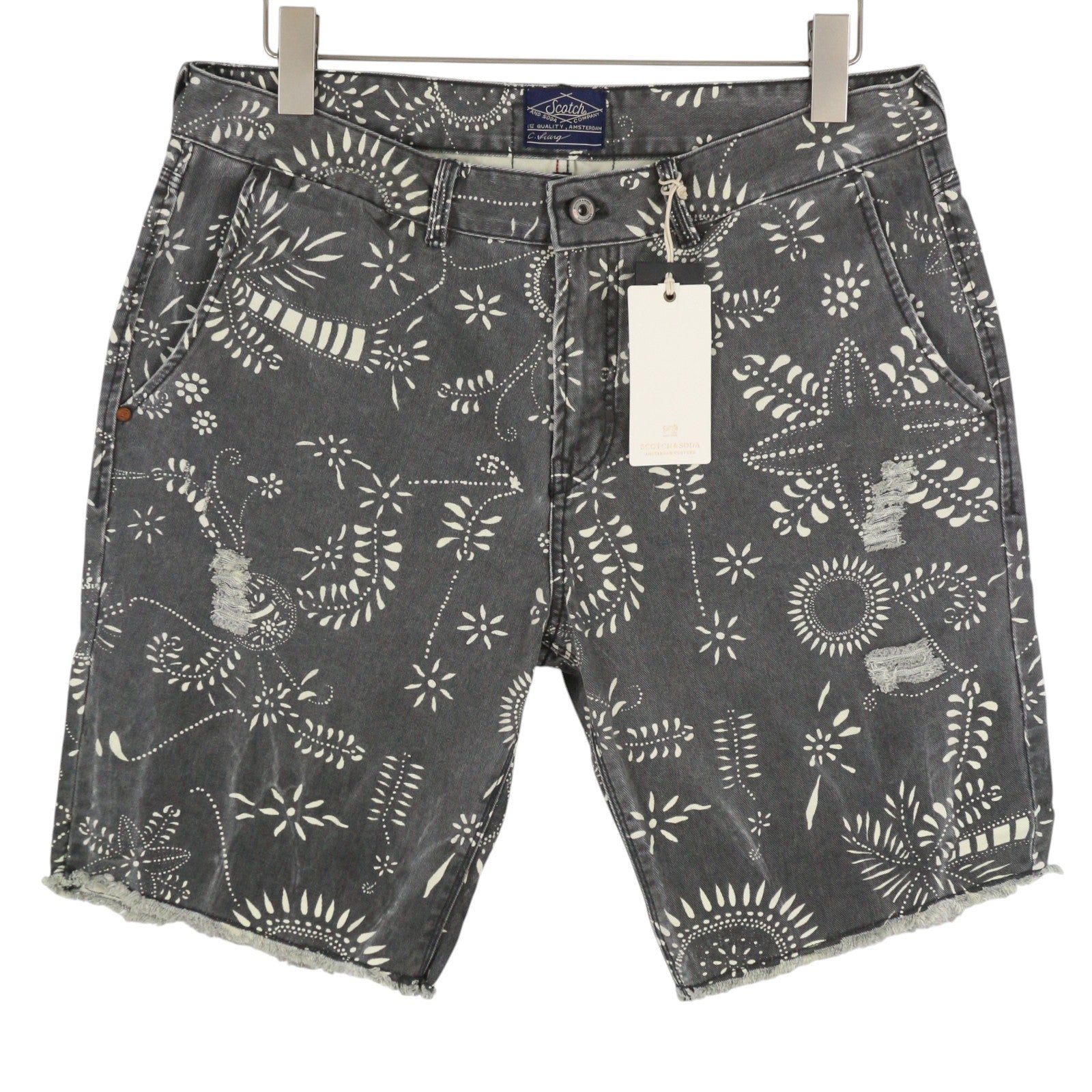 SCOTCH & SODA Men Shorts W34 Grey Garment Dye Patterned Distress Denim