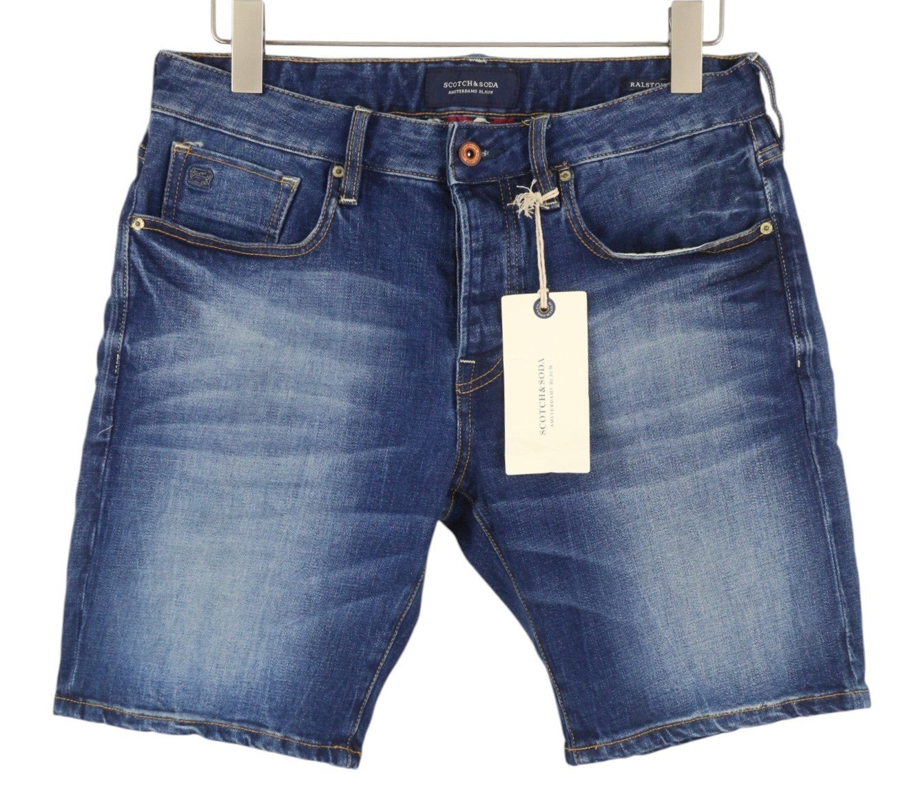 SCOTCH & SODA Ralston Men Shorts W32 Blue Whiskers Faded Button Fly Denim