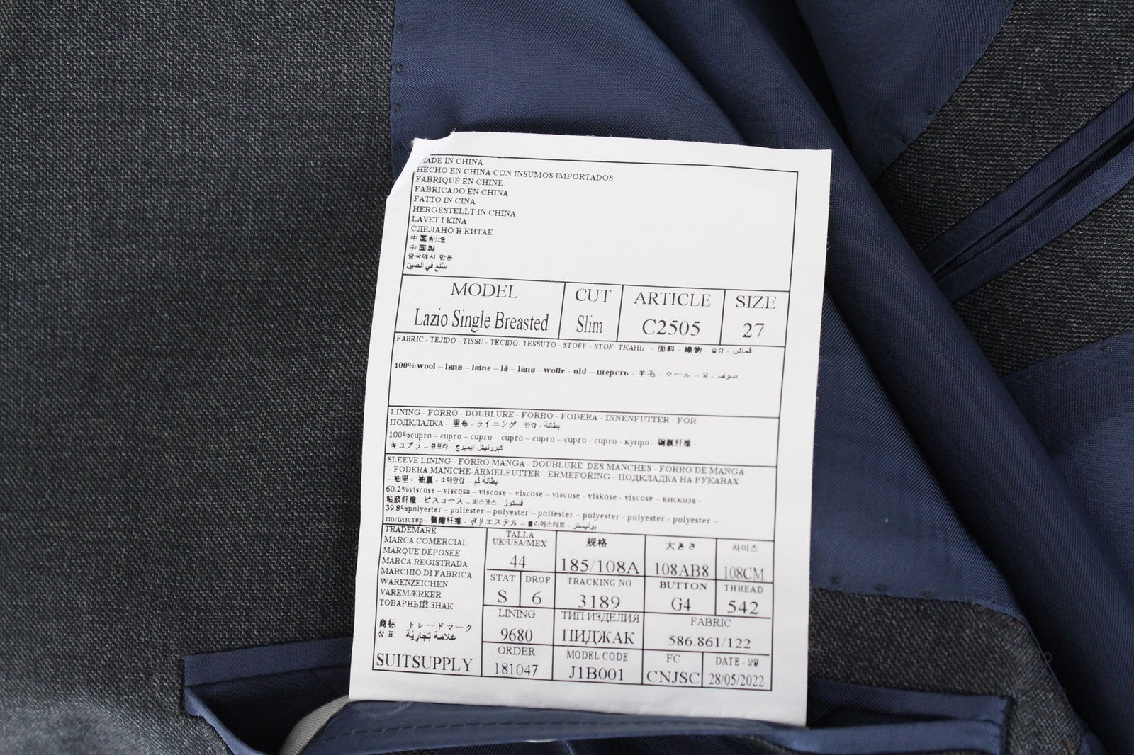 SUITSUPPLY Lazio Men Suit UK44S Grey Slim Sharkskin 2-Piece Pure Wool S110s