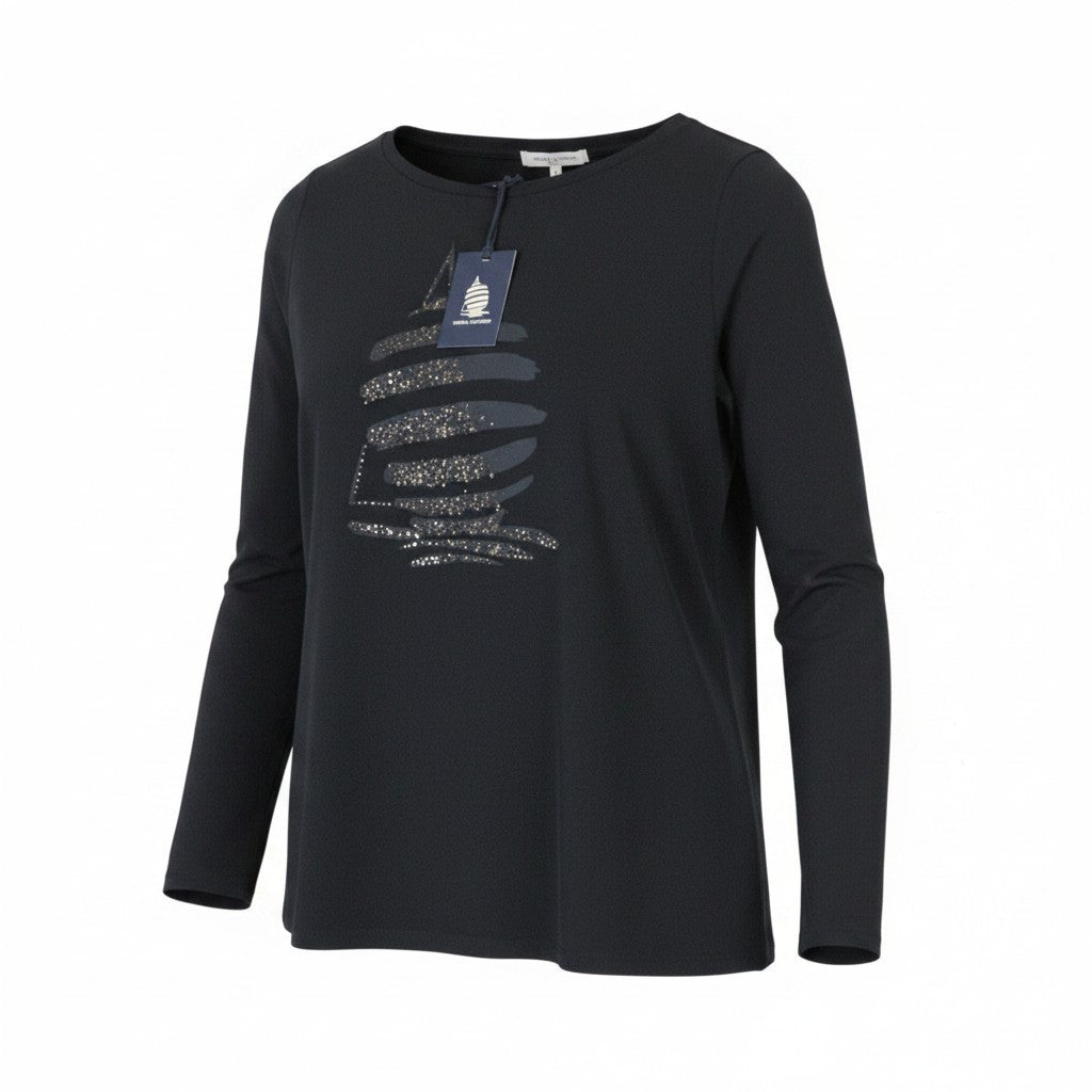 MARINA YACHTING Women T-Shirt S Black Cotton Stretch Studs Long Sleeve Logo