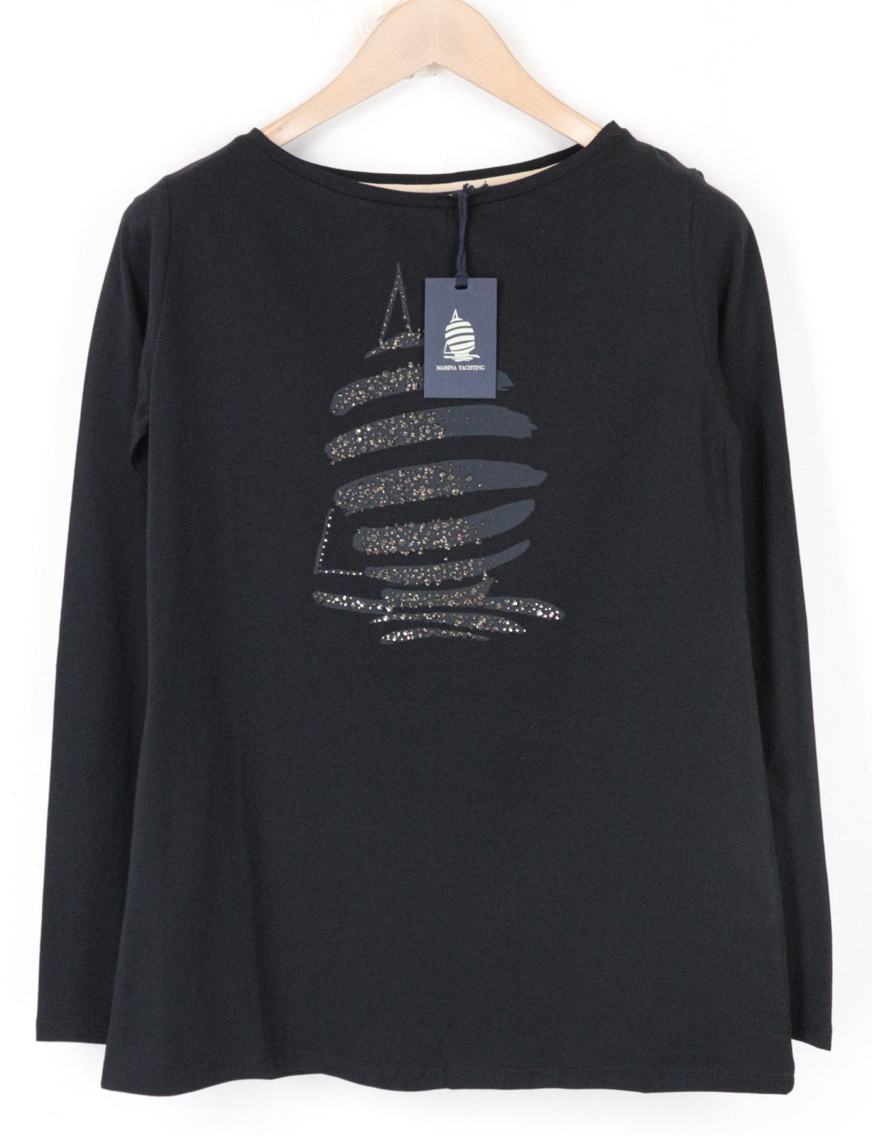 MARINA YACHTING Women T-Shirt S Black Cotton Stretch Studs Long Sleeve Logo