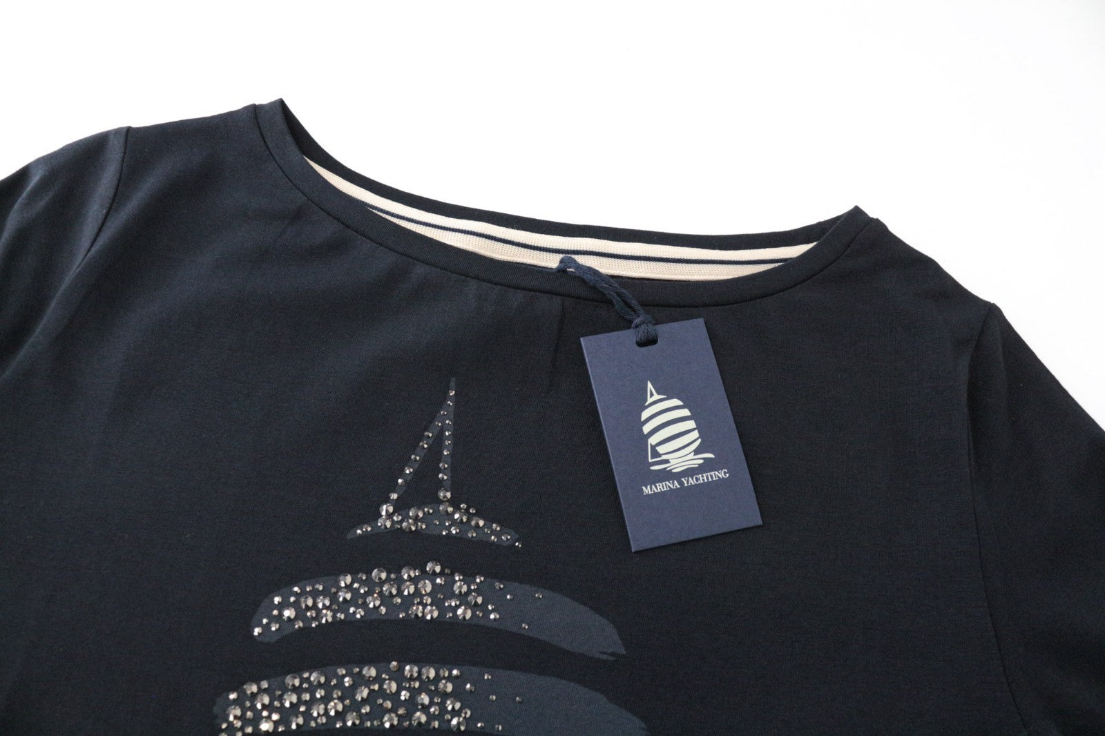 MARINA YACHTING Women T-Shirt S Black Cotton Stretch Studs Long Sleeve Logo