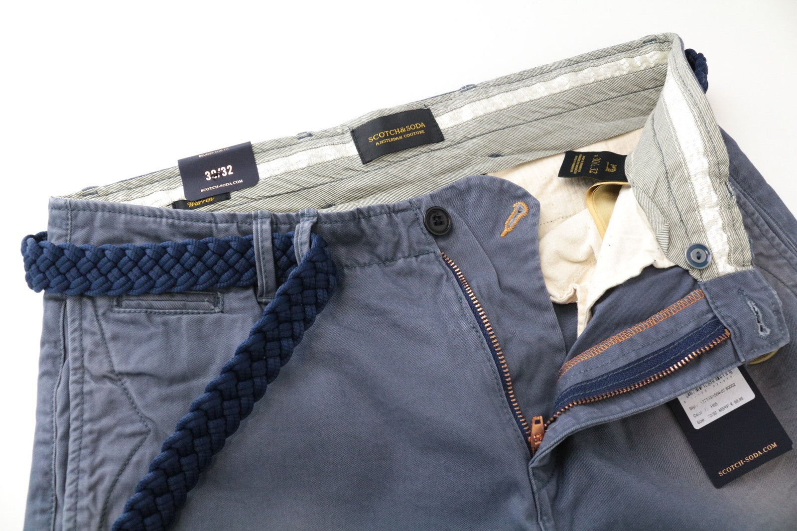 SCOTCH & SODA Warren Men Trousers W30/L32 Relaxed Slim Blue Pure Cotton Belted