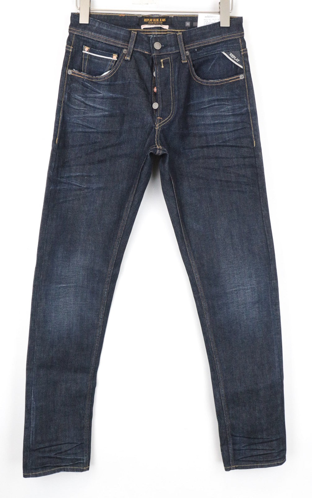 REPLAY Grover Men Jeans W30/L34 Selvedge Washed Blue Straight Cotton Stretch