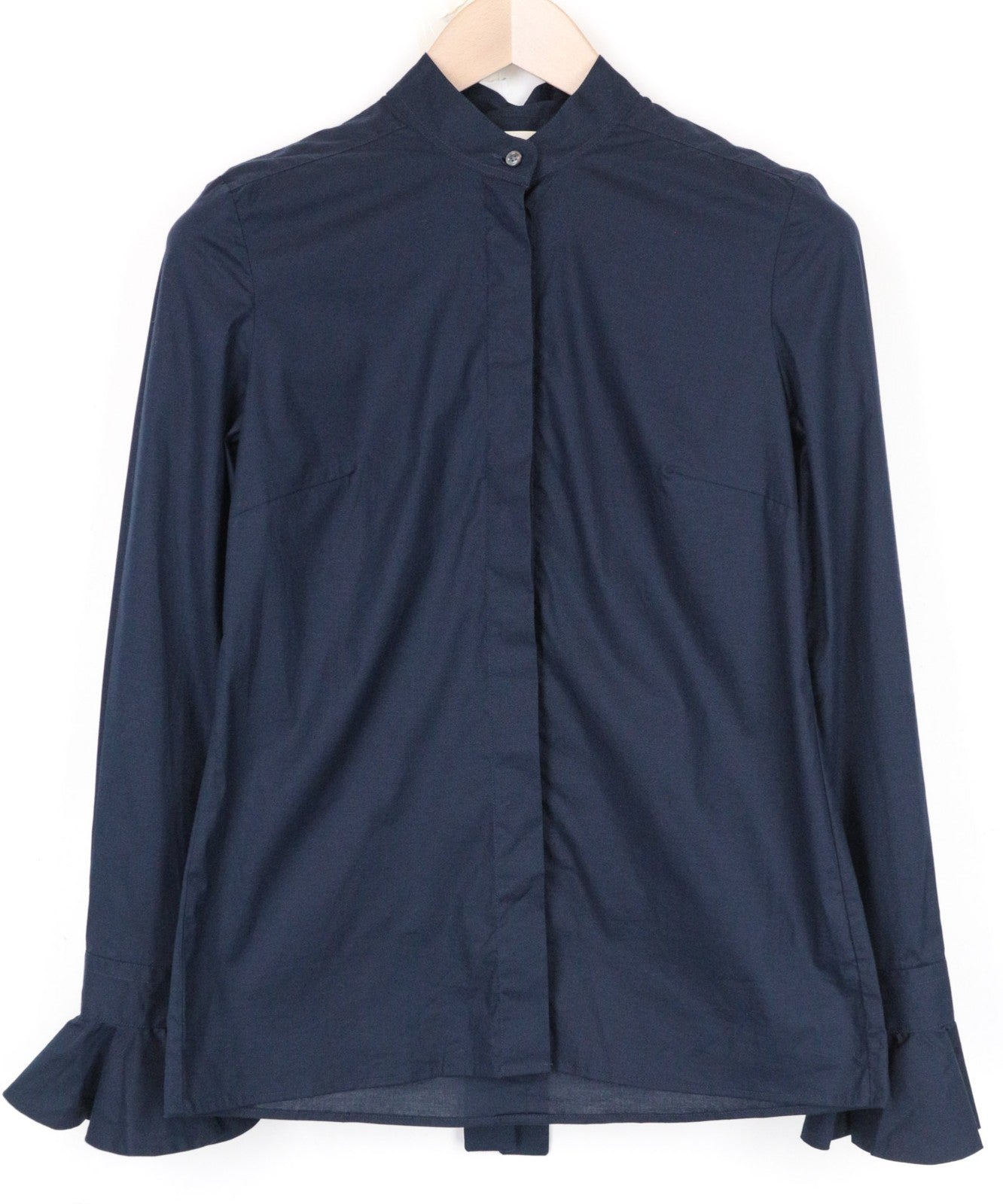 SUISTUDIO Women Shirt 34R XS Navy Blue Frilled Sleeves Cotton Linen Classic