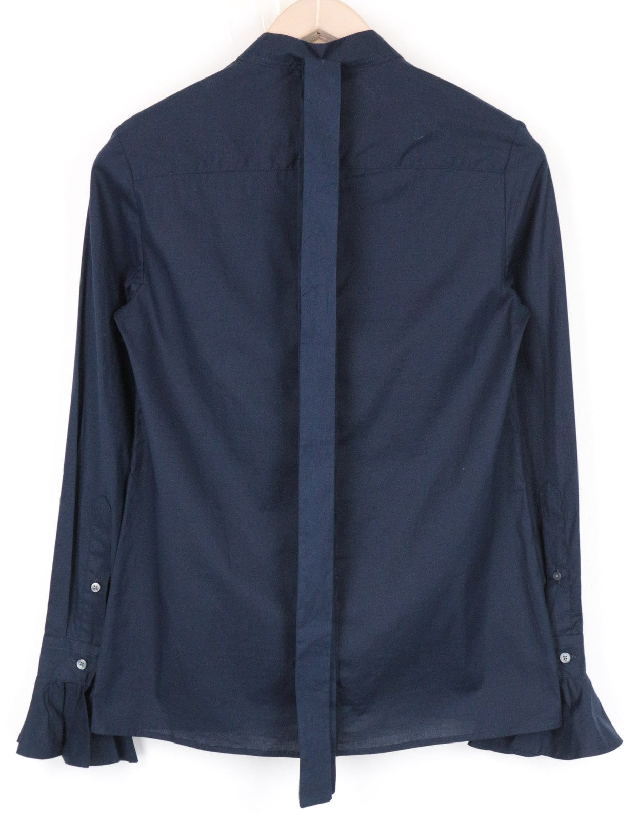 SUISTUDIO Women Shirt 34R XS Navy Blue Frilled Sleeves Cotton Linen Classic