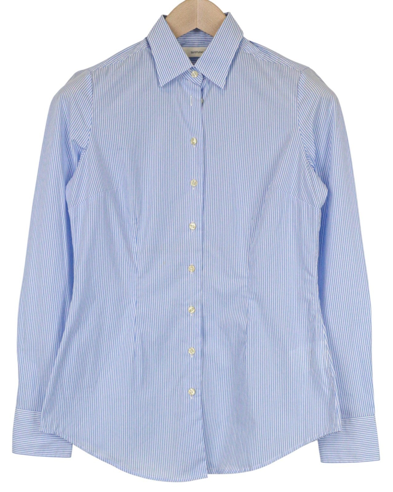 SUISTUDIO Women Shirt 34R XS Blue Pure Cotton Striped Long Sleeved Classic