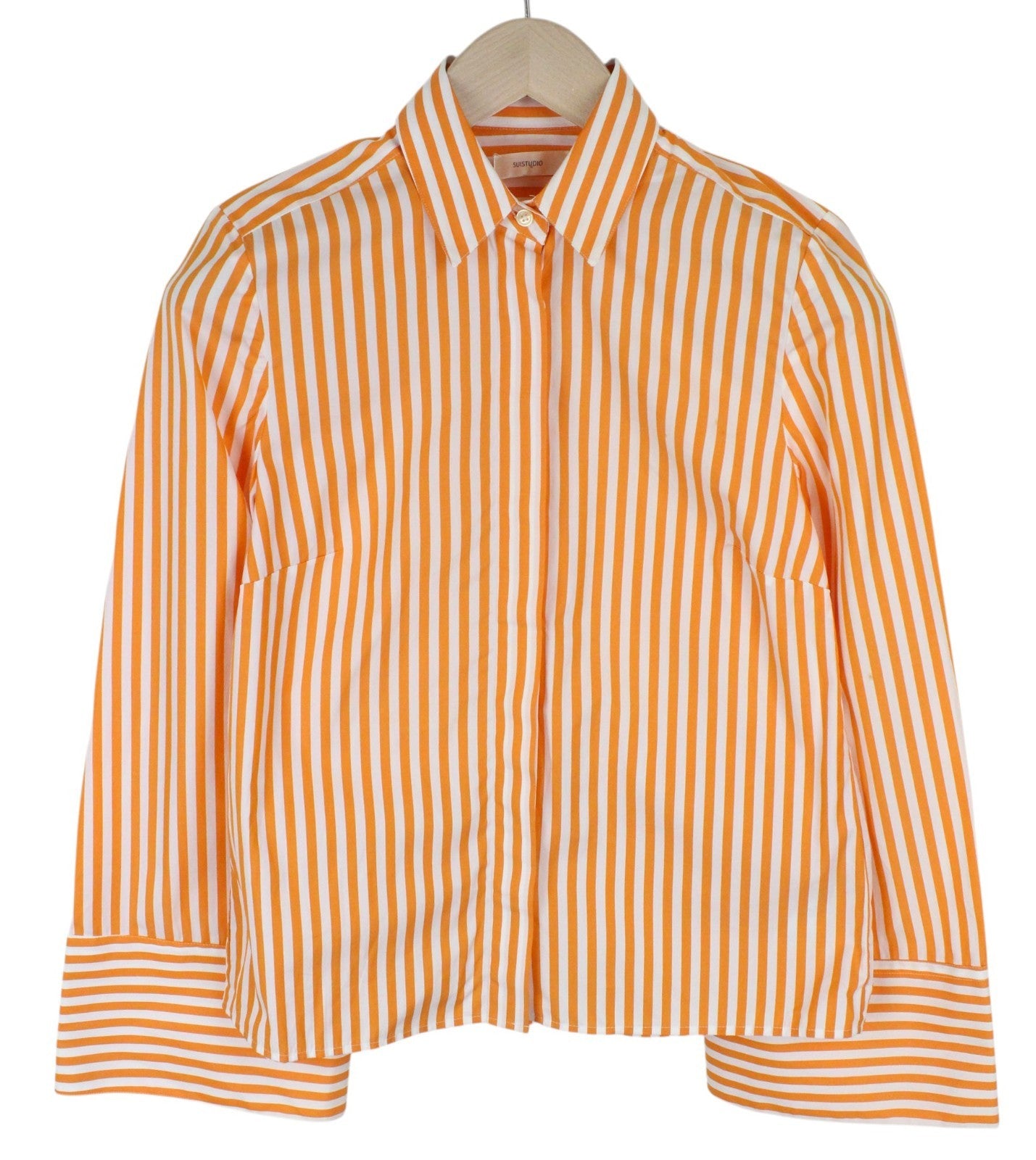 SUISTUDIO Curtis Women Shirt UK8R XS Orange Cotton Striped Button Flare Sleeved