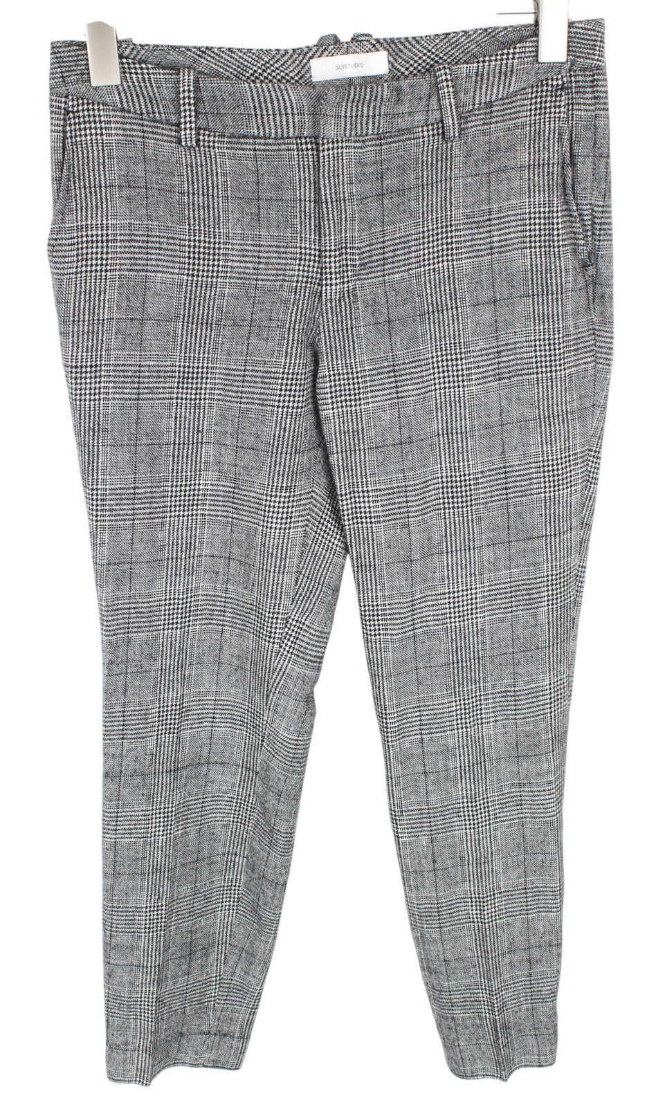 SUISTUDIO Grey Women Trousers UK10S W31 Grey Wool Silk Linen Pleated Checked