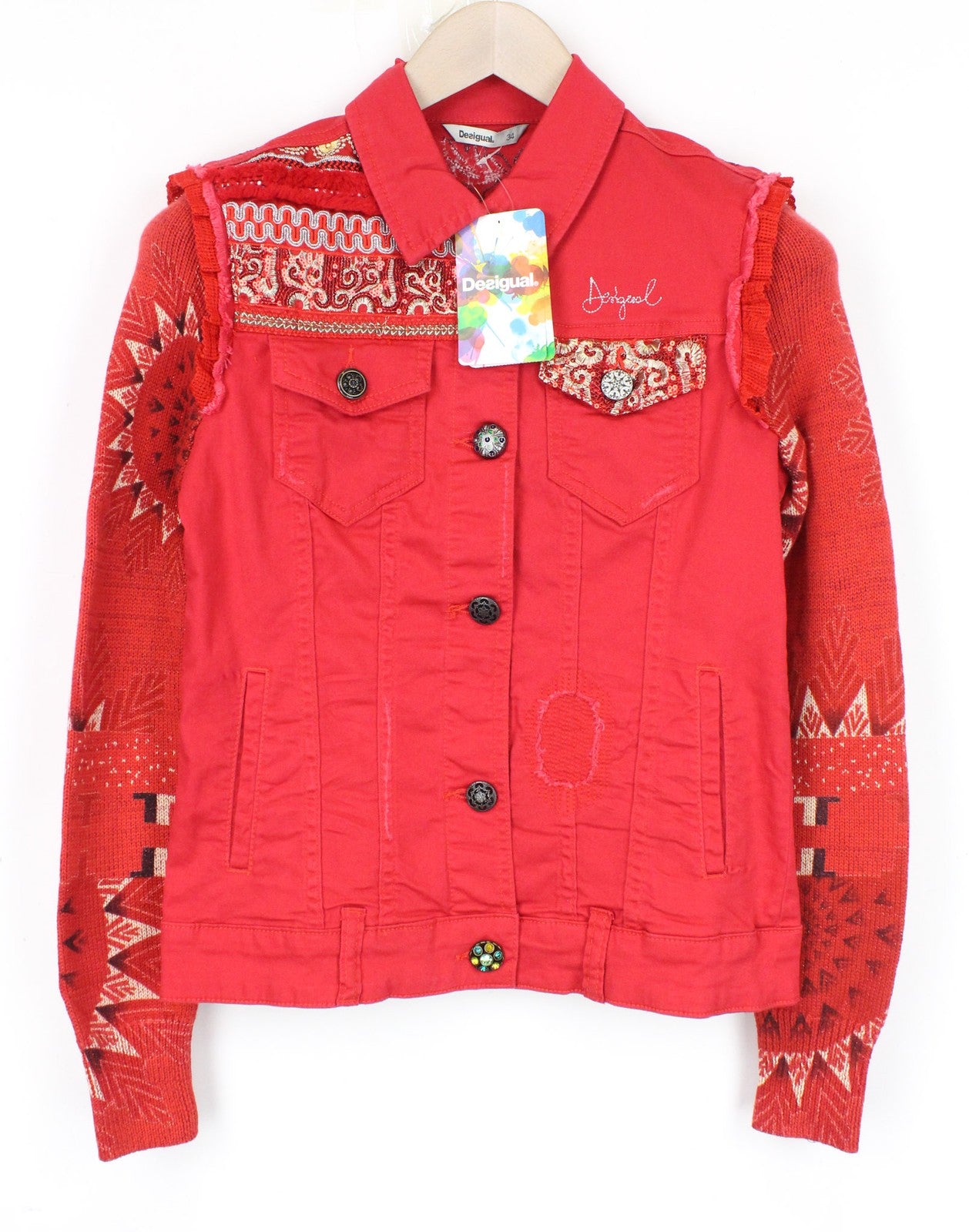 DESIGUAL Kyle Women Jacket UK6 XS Red Cotton Blend Knitted Sleeves