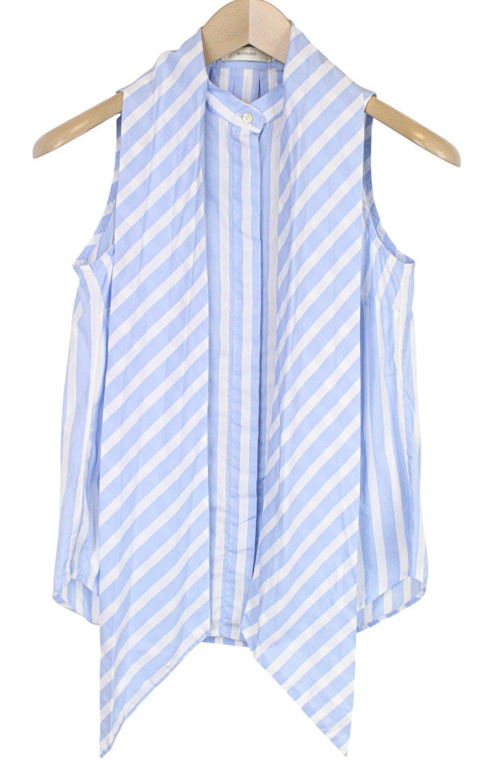 SUISTUDIO Asher Women Top UK6R 2XS Blue Striped Melange Striped Bowtie Cotton