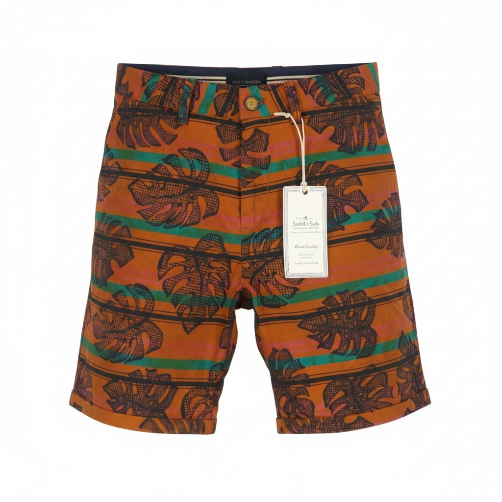 SCOTCH & SODA Men Shorts W28 Orange Leafs Striped Print Cotton Zipper Chino