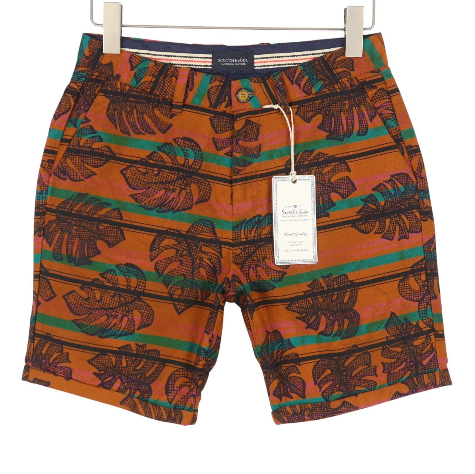 SCOTCH & SODA Men Shorts W28 Orange Leafs Striped Print Cotton Zipper Chino