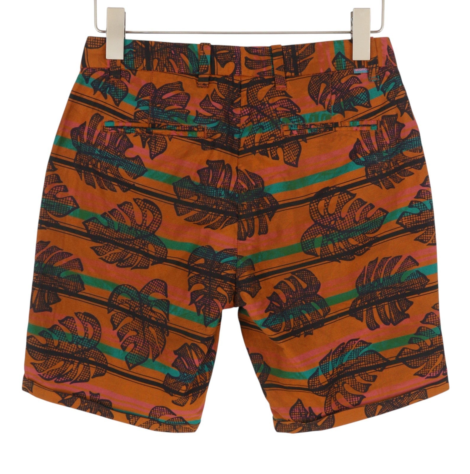SCOTCH & SODA Men Shorts W28 Orange Leafs Striped Print Cotton Zipper Chino