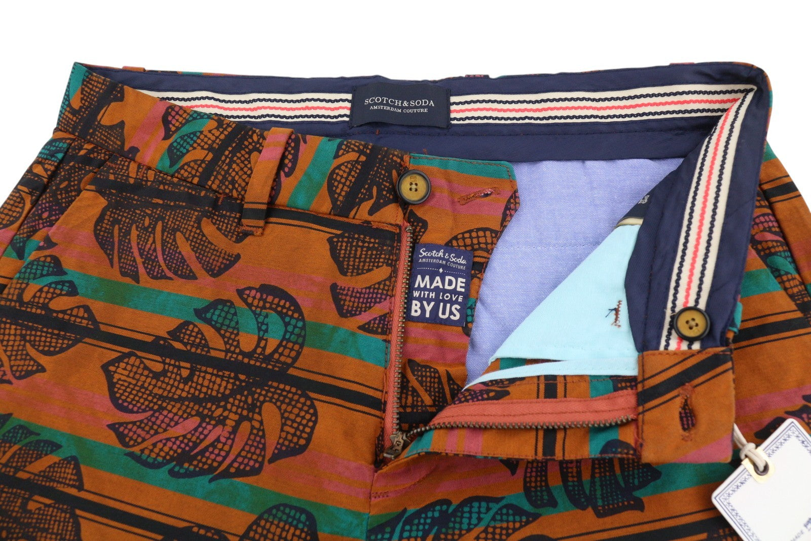 SCOTCH & SODA Men Shorts W28 Orange Leafs Striped Print Cotton Zipper Chino