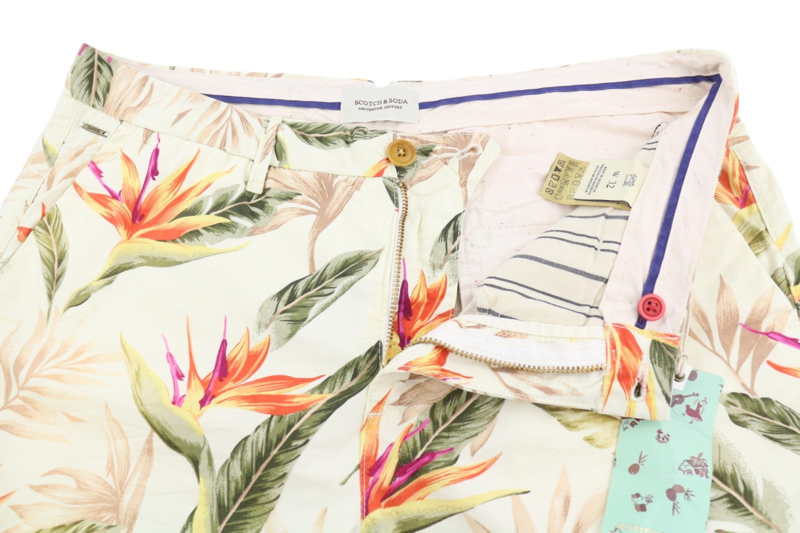 SCOTCH & SODA Men Shorts W32 Beige Leafs Print Cotton Zip Fly Chino