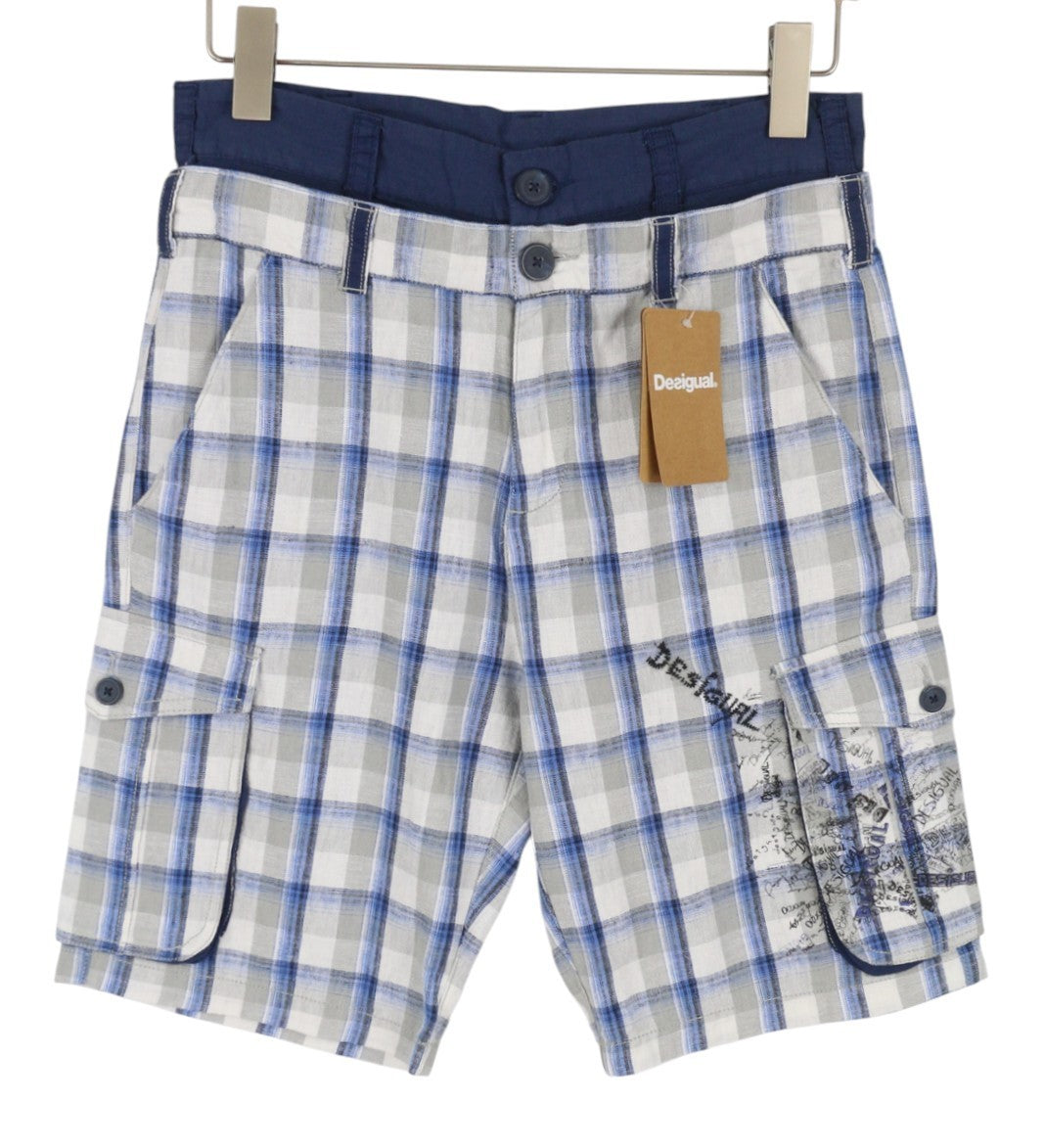 DESIGUAL Paul Men Shorts W28 Grey Linen Blend Check Belted Zip Fly Cargo