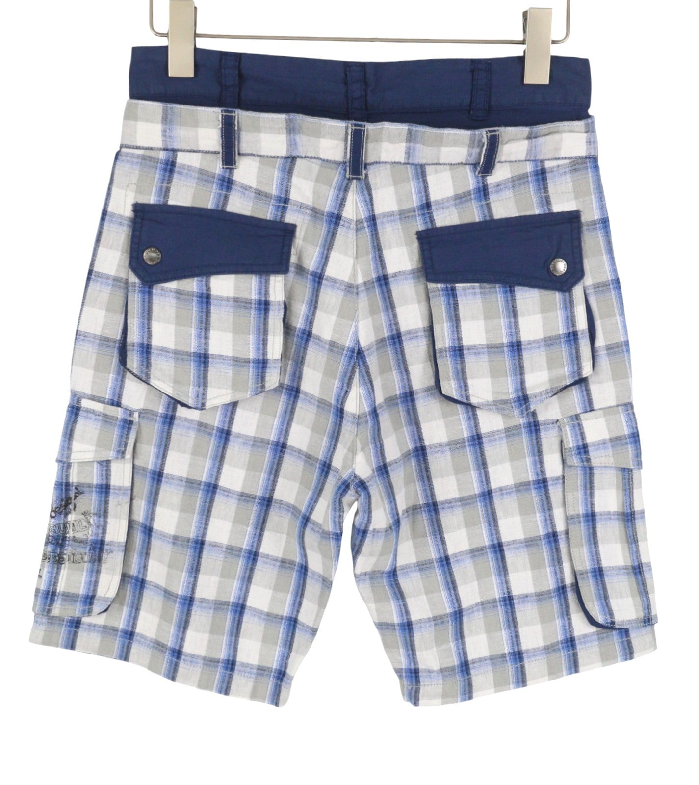 DESIGUAL Paul Men Shorts W28 Grey Linen Blend Check Belted Zip Fly Cargo