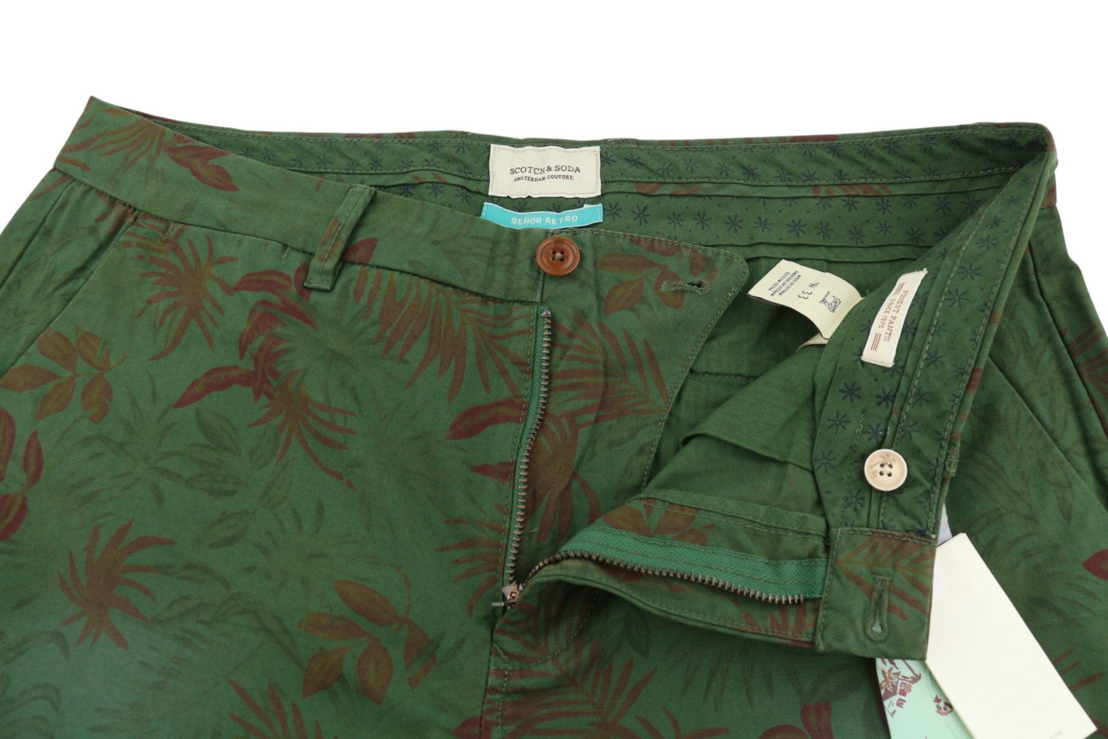 SCOTCH & SODA Men Shorts W33 Green Leafs Pattern Garment Dyed Chino