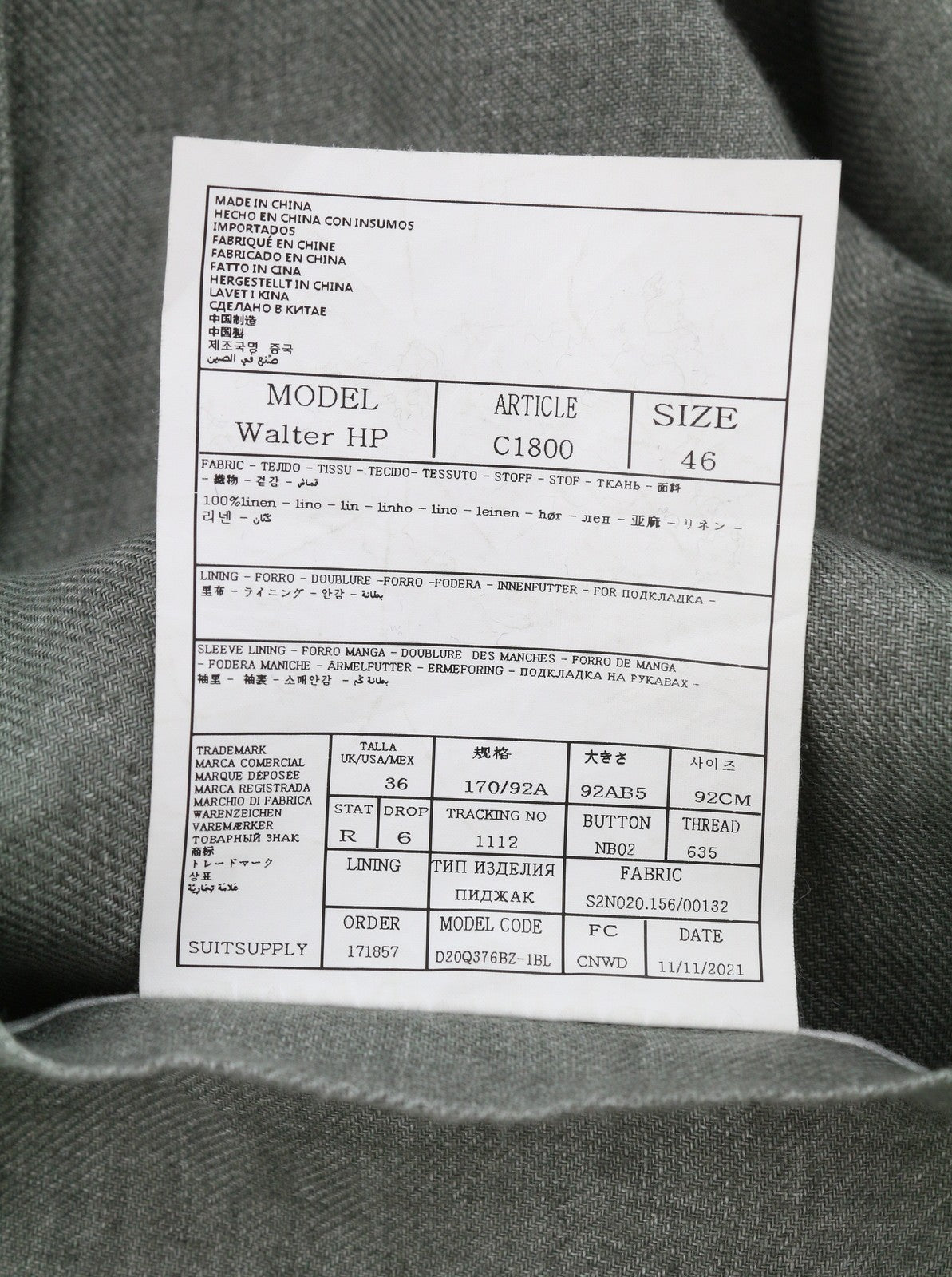 SUITSUPPLY Walter HP Ames Pleat ES Men Suit UK36R W32 Green Melange Pure Linen