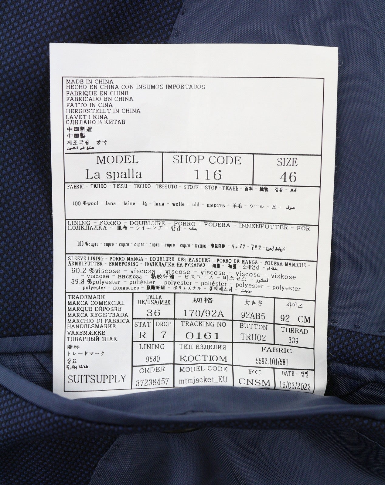 SUITSUPPLY La Spalla Sienna Int Men Suit UK36R W31 Blue Patterned Wool 2PC