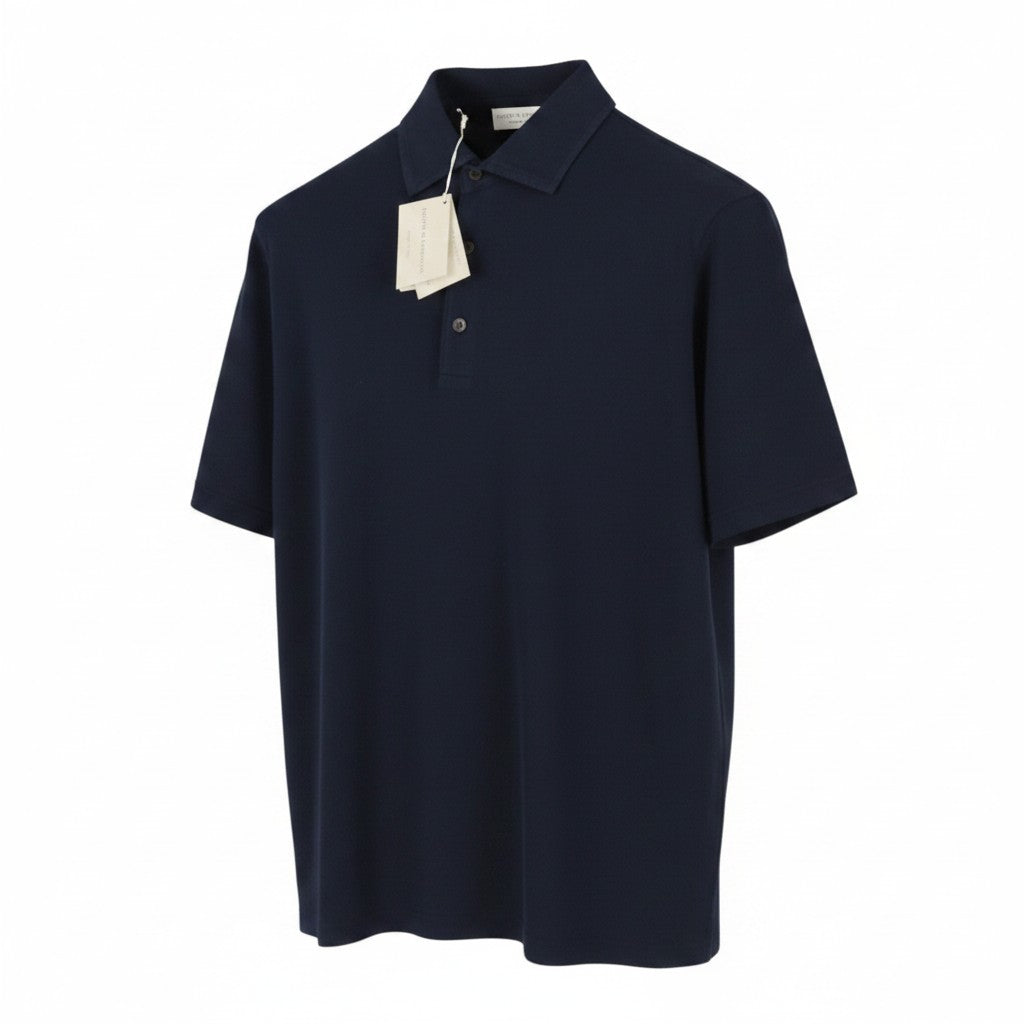 FILIPPO DE LAURENTIIS Men Polos IT52 L Dark Blue Cotton Half Button Short Sleeve