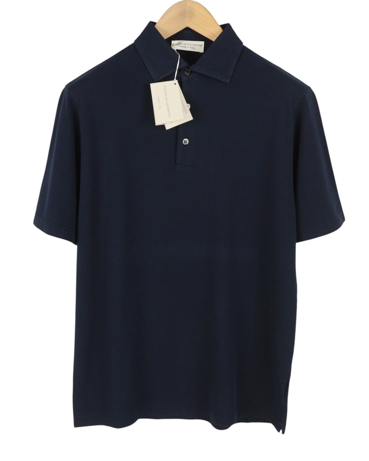 FILIPPO DE LAURENTIIS Men Polos IT52 L Dark Blue Cotton Half Button Short Sleeve