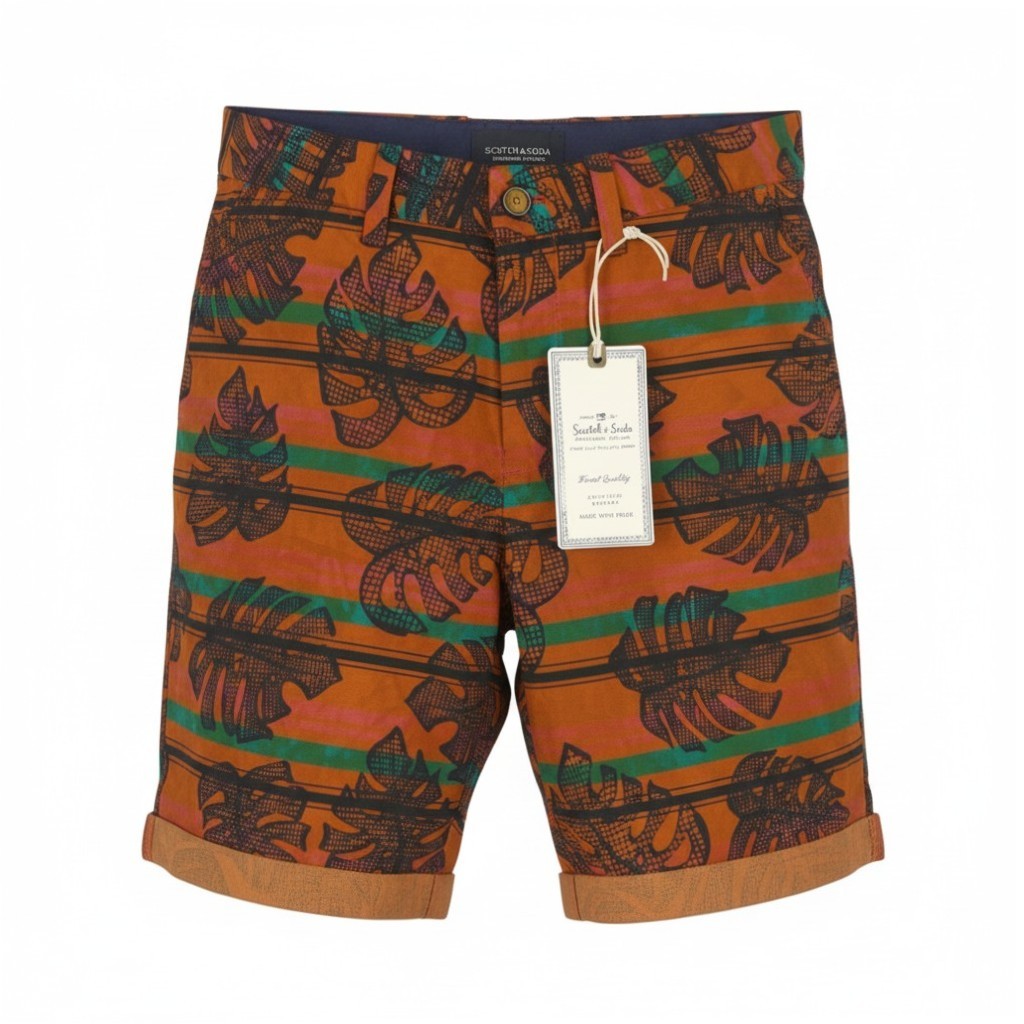 SCOTCH & SODA Men Shorts W28 Orange Leafs Striped Print Cotton Zip Fly Chino