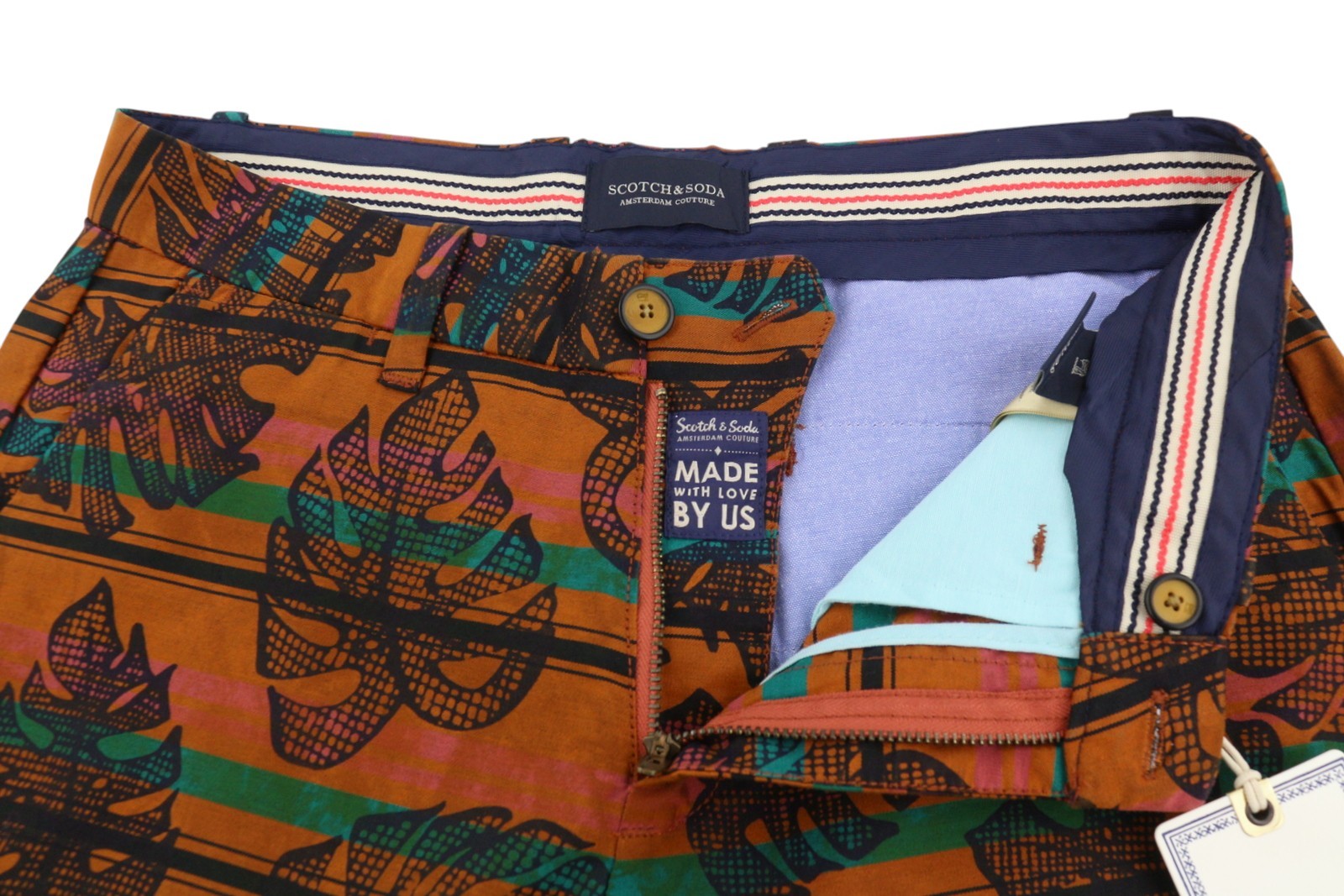 SCOTCH & SODA Men Shorts W28 Orange Leafs Striped Print Cotton Zip Fly Chino