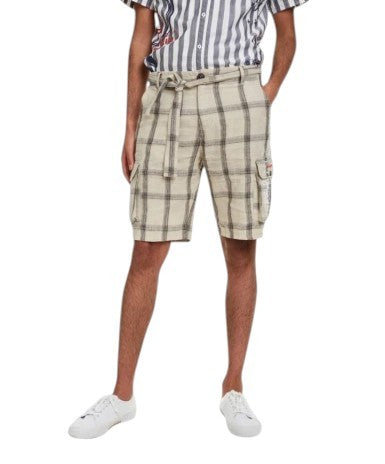 DESIGUAL Marc Men Shorts W28 Beige Linen Blend Check Belted Zip Fly Cargo